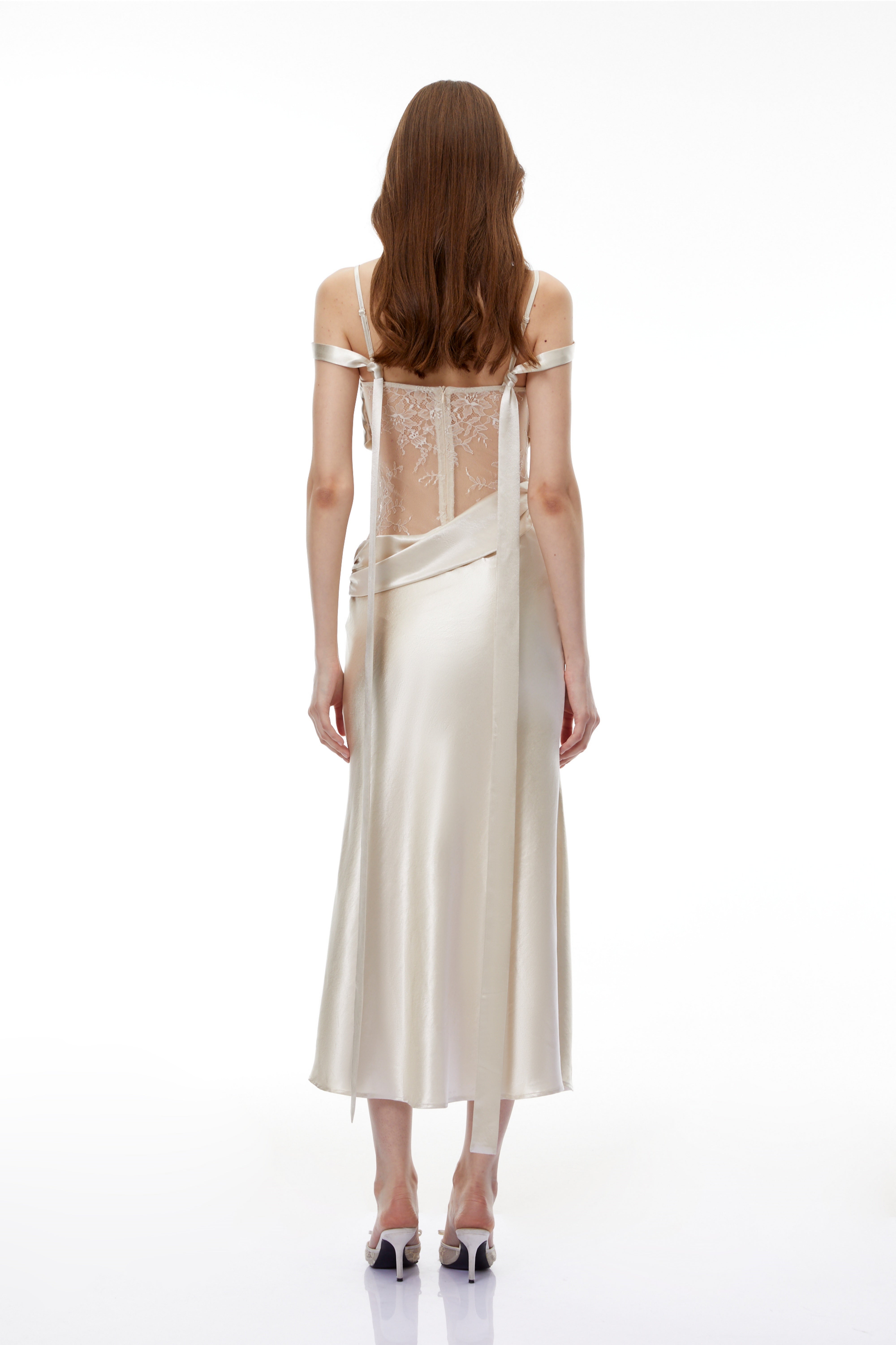 Sarah White Satin Midi Dress with Lace Cut-Outs