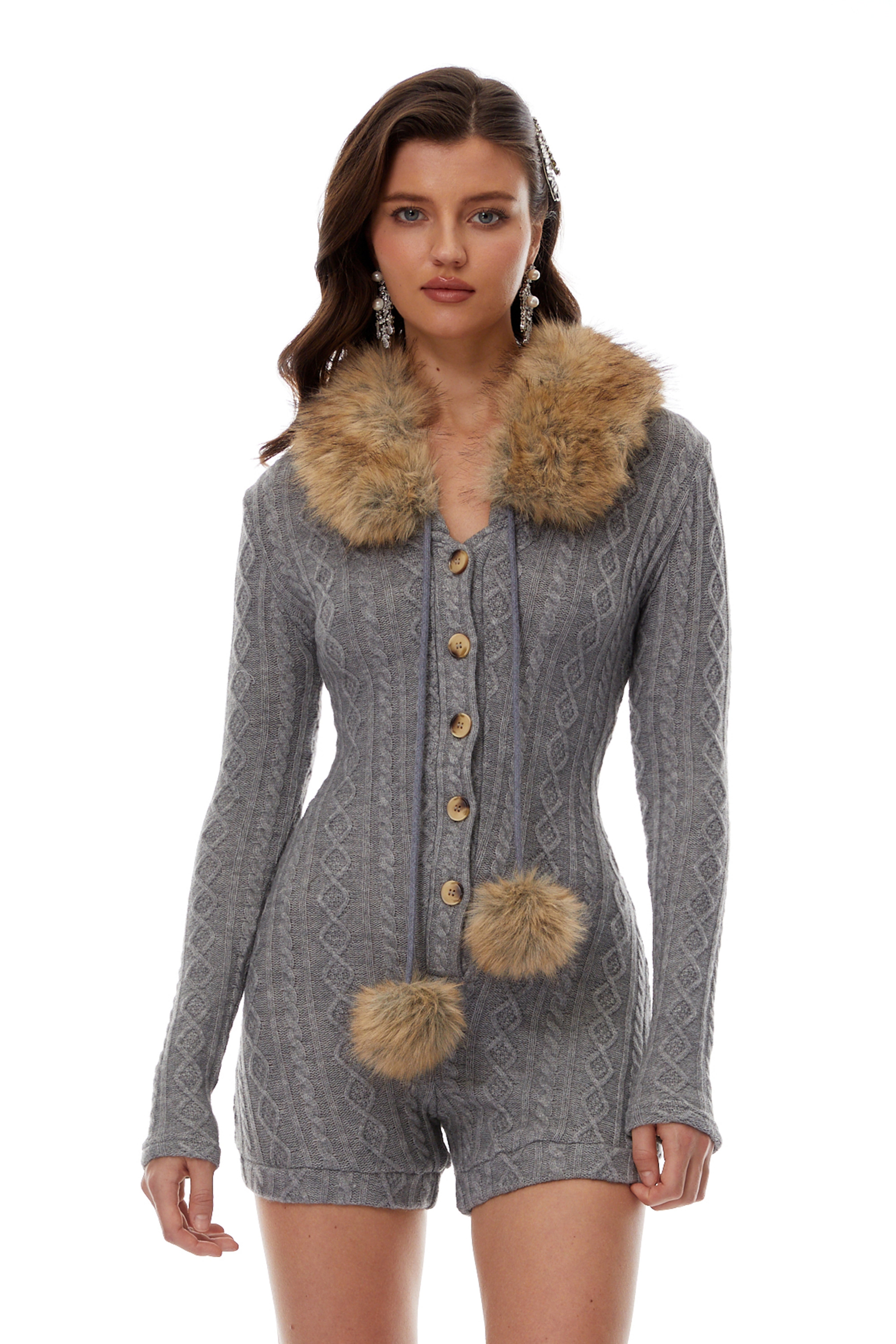 Saskia Grey Fur Trim Stretch Rib-Knit Playsuit (Final Sale)