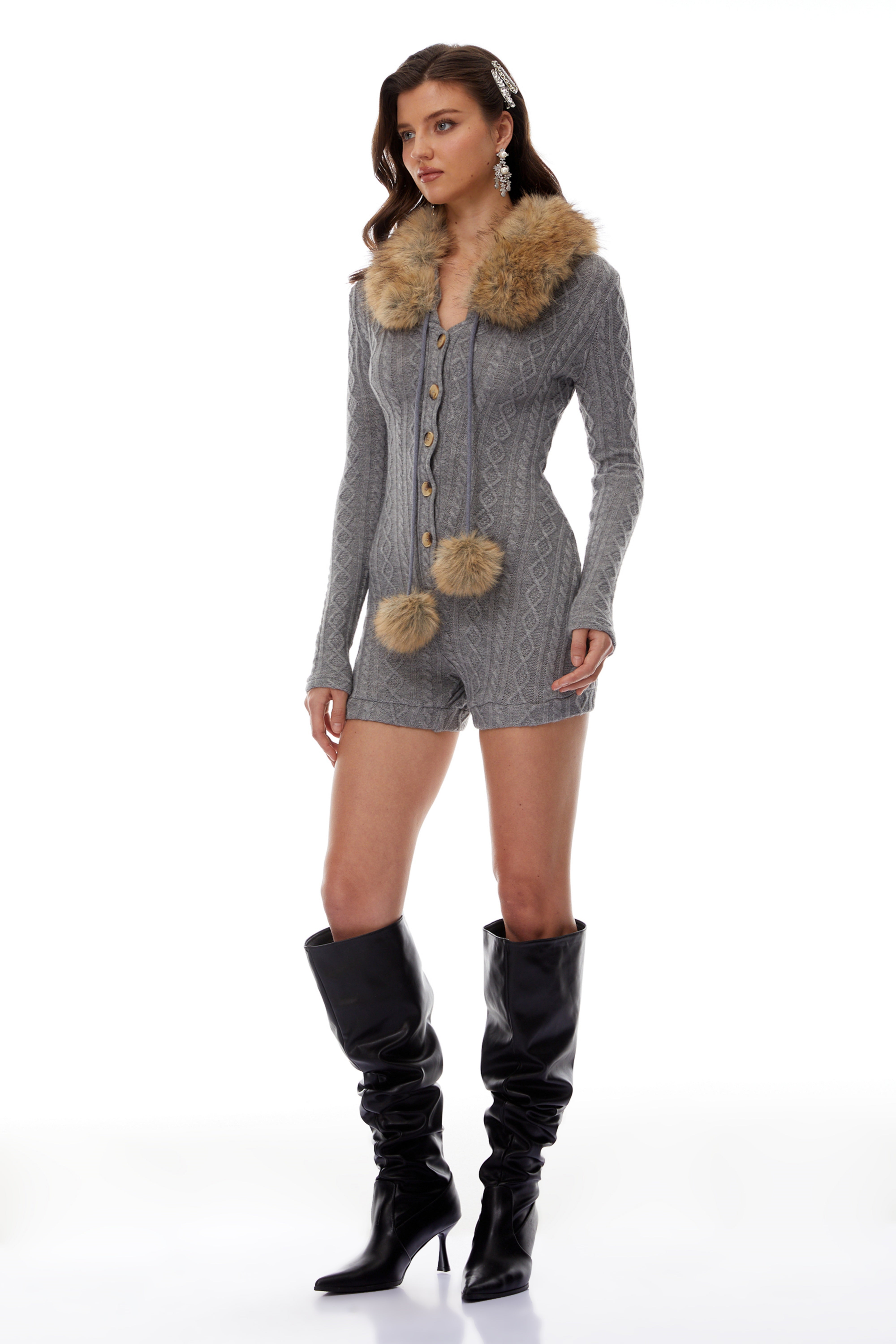 Saskia Grey Fur Trim Stretch Rib-Knit Playsuit