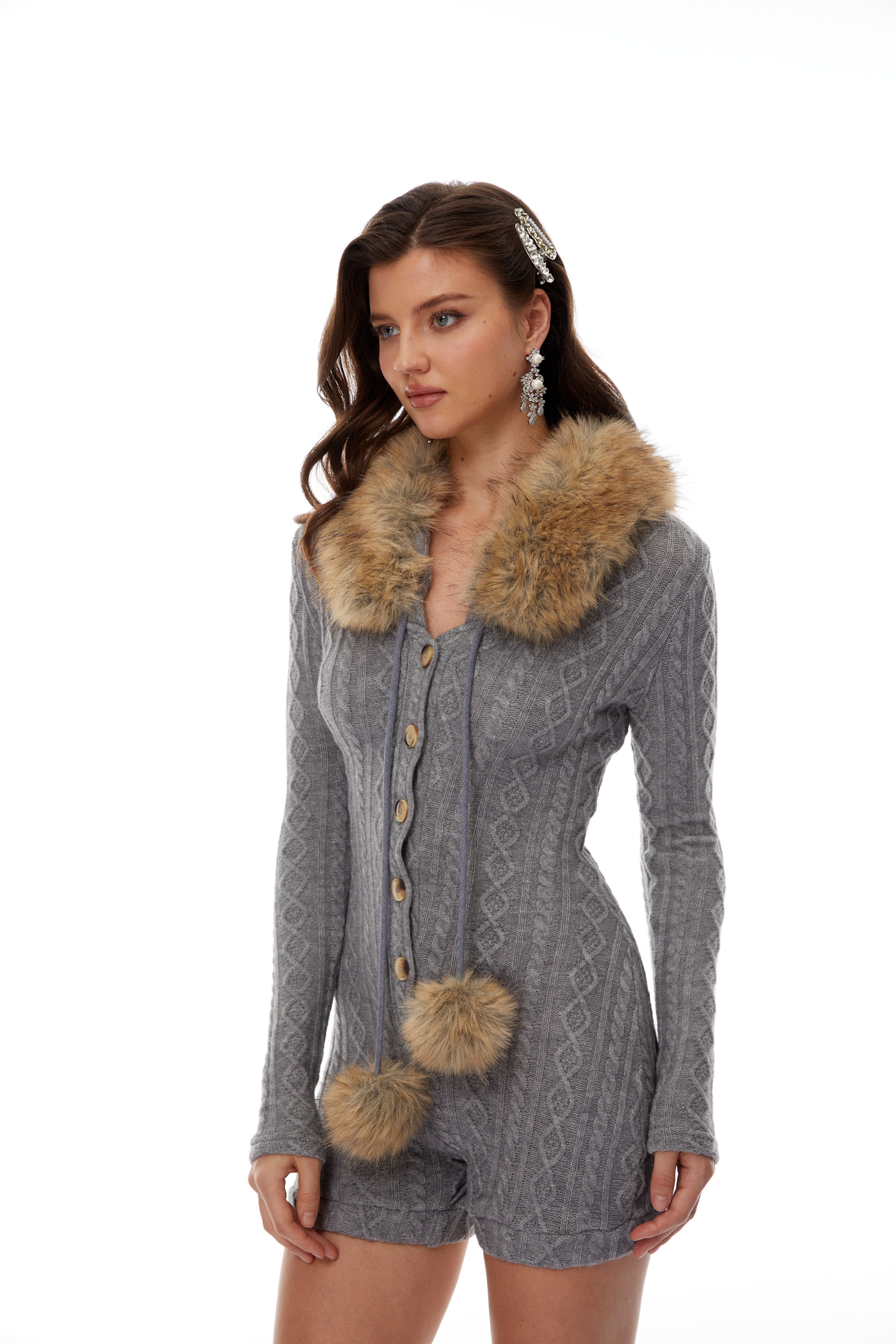 Saskia Grey Fur Trim Stretch Rib-Knit Playsuit (Final Sale)