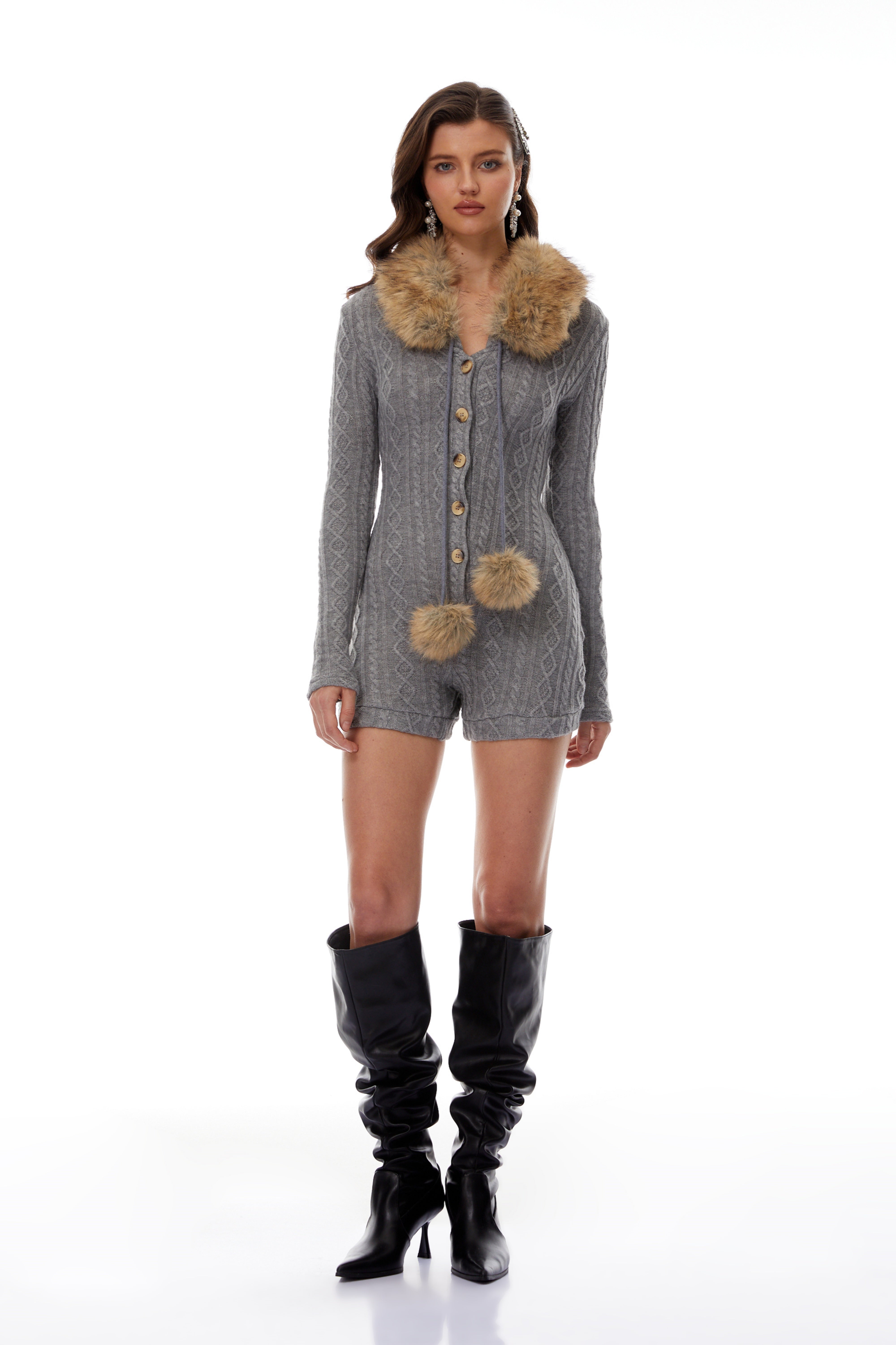 Saskia Grey Fur Trim Stretch Rib-Knit Playsuit (Final Sale)