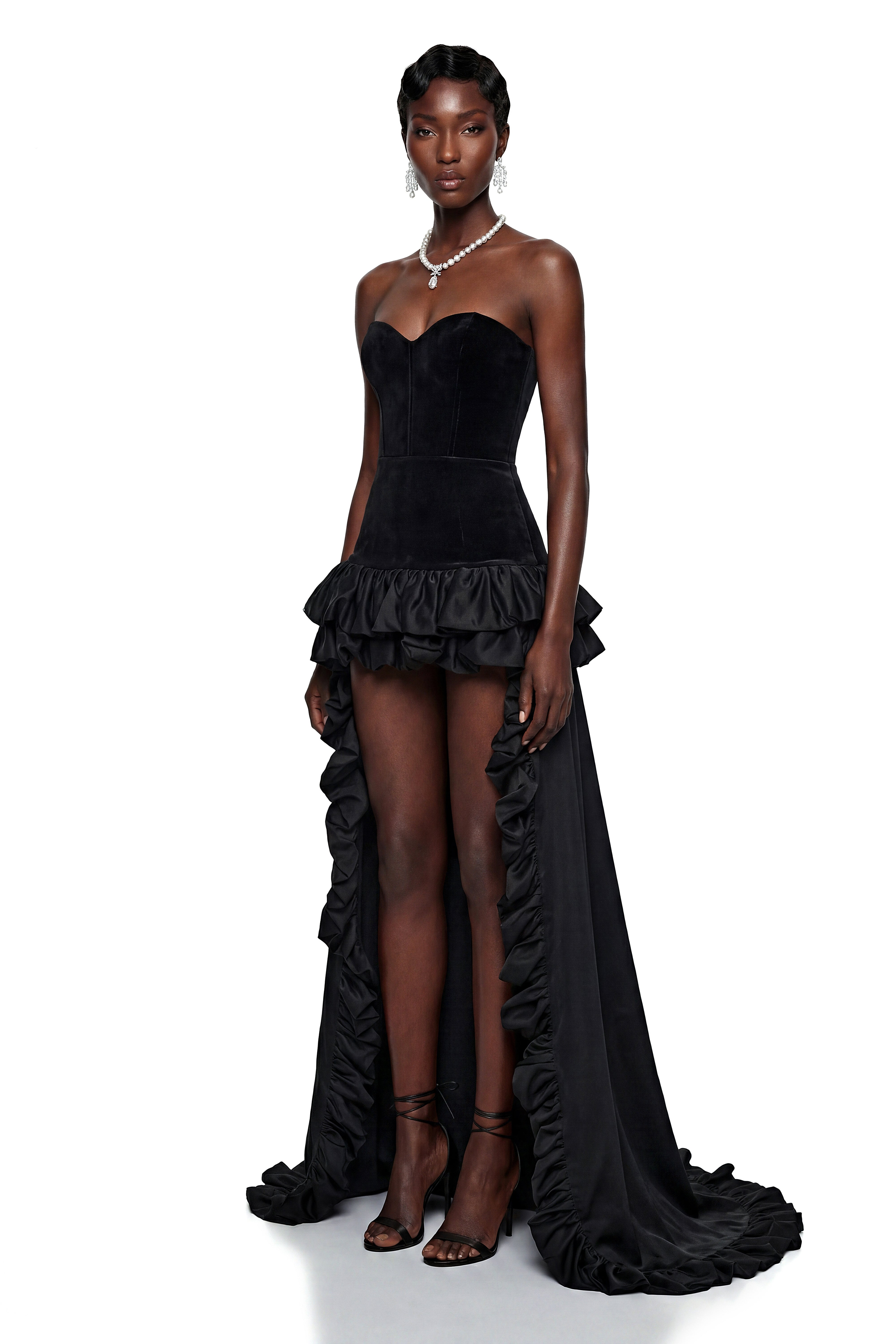 Saveria Black Ruffled High-Low Satin Skirt