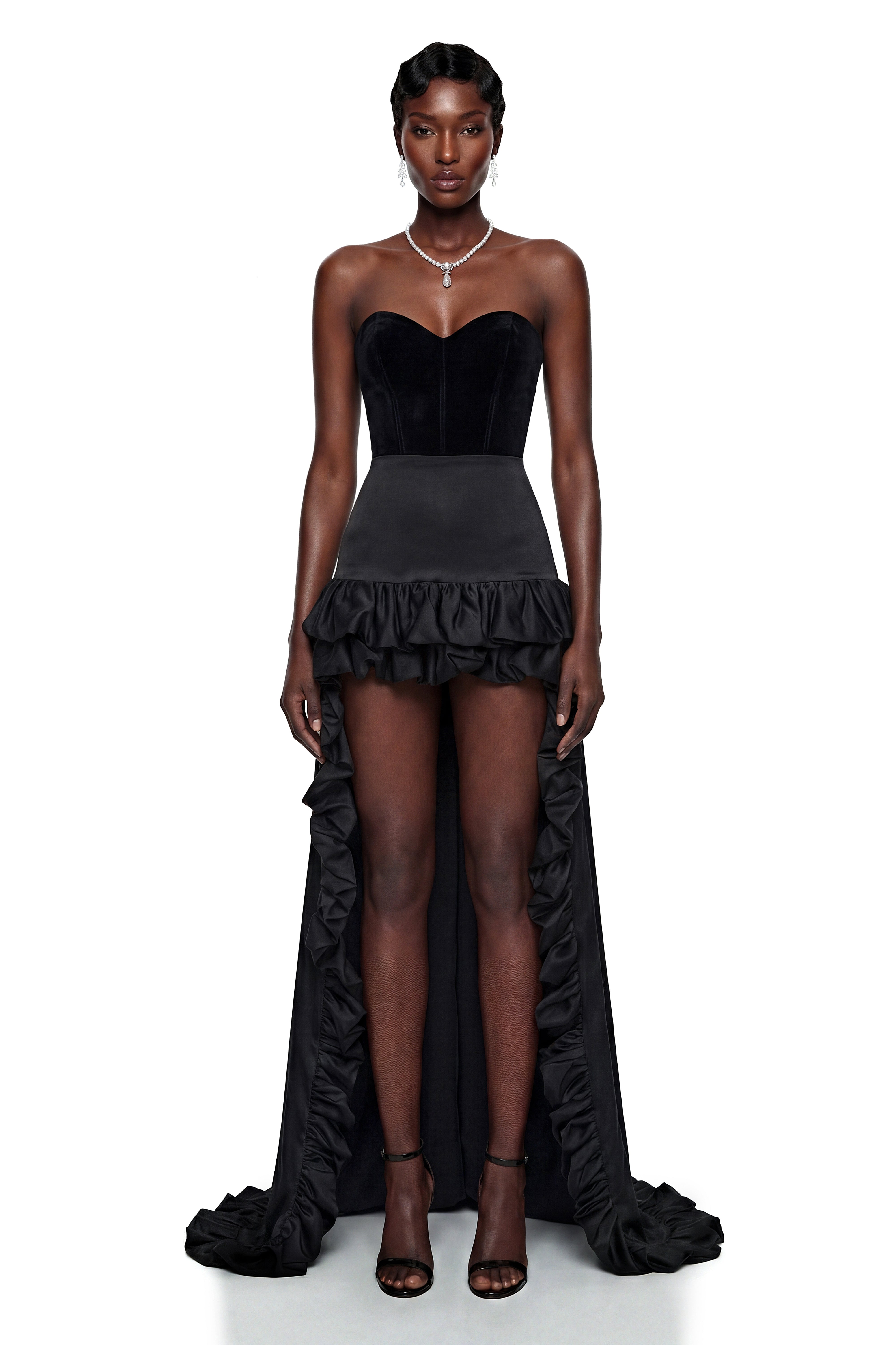 Saveria Black Ruffled High-Low Satin Skirt