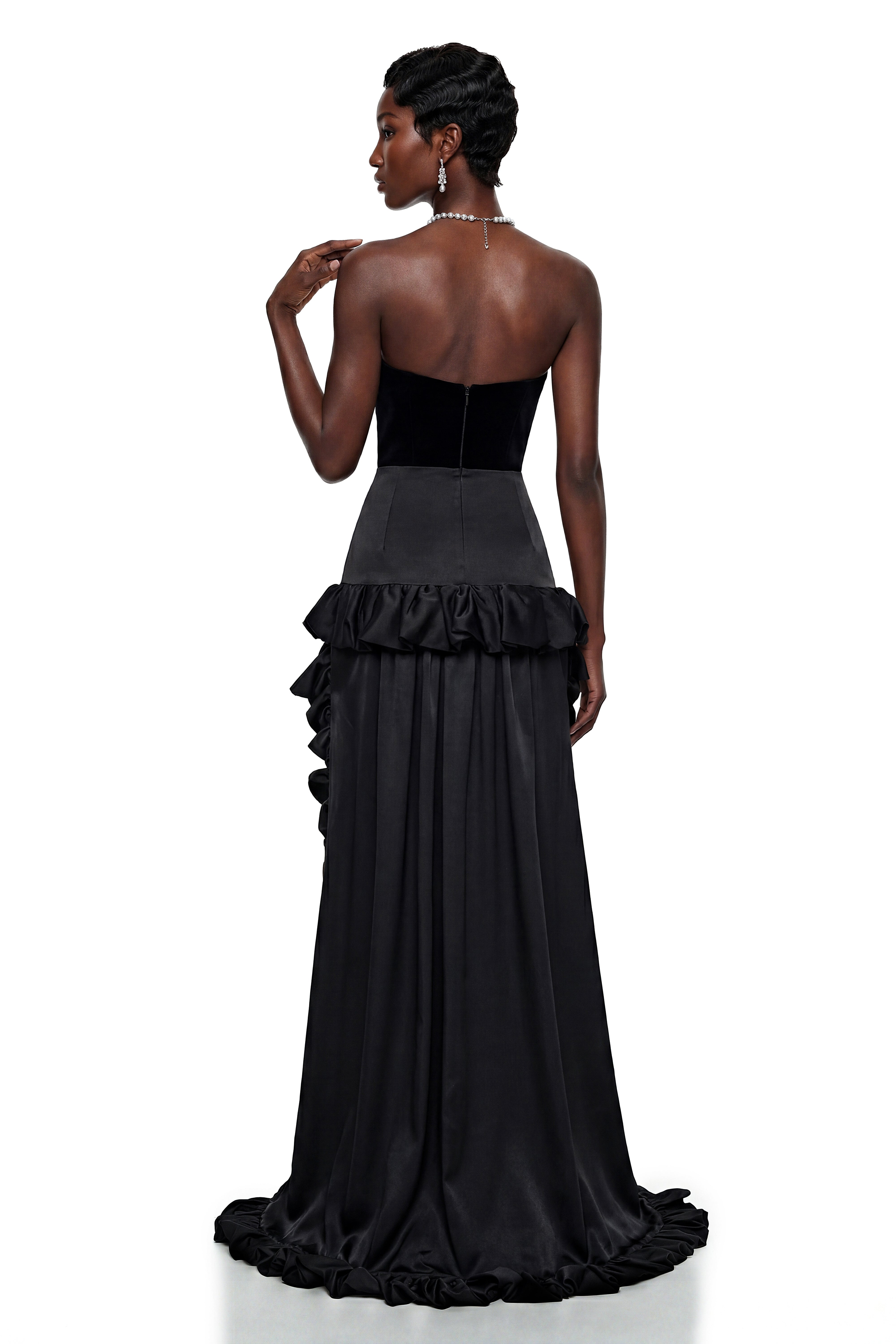 Saveria Black Ruffled High-Low Satin Skirt