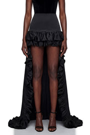 Saveria Black Ruffled High-Low Satin Skirt