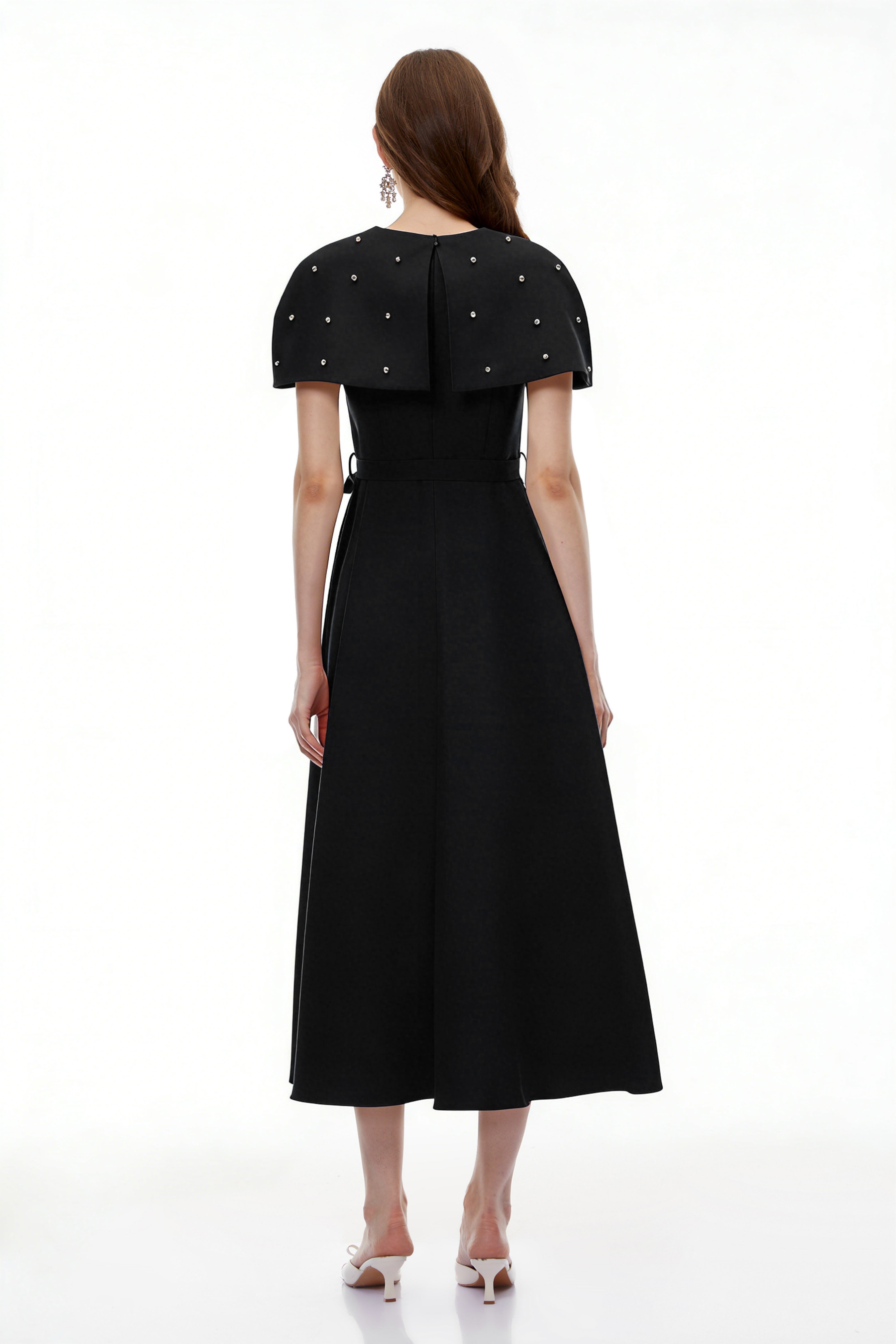 Sawda Black Embellished Midi Dress with Cape