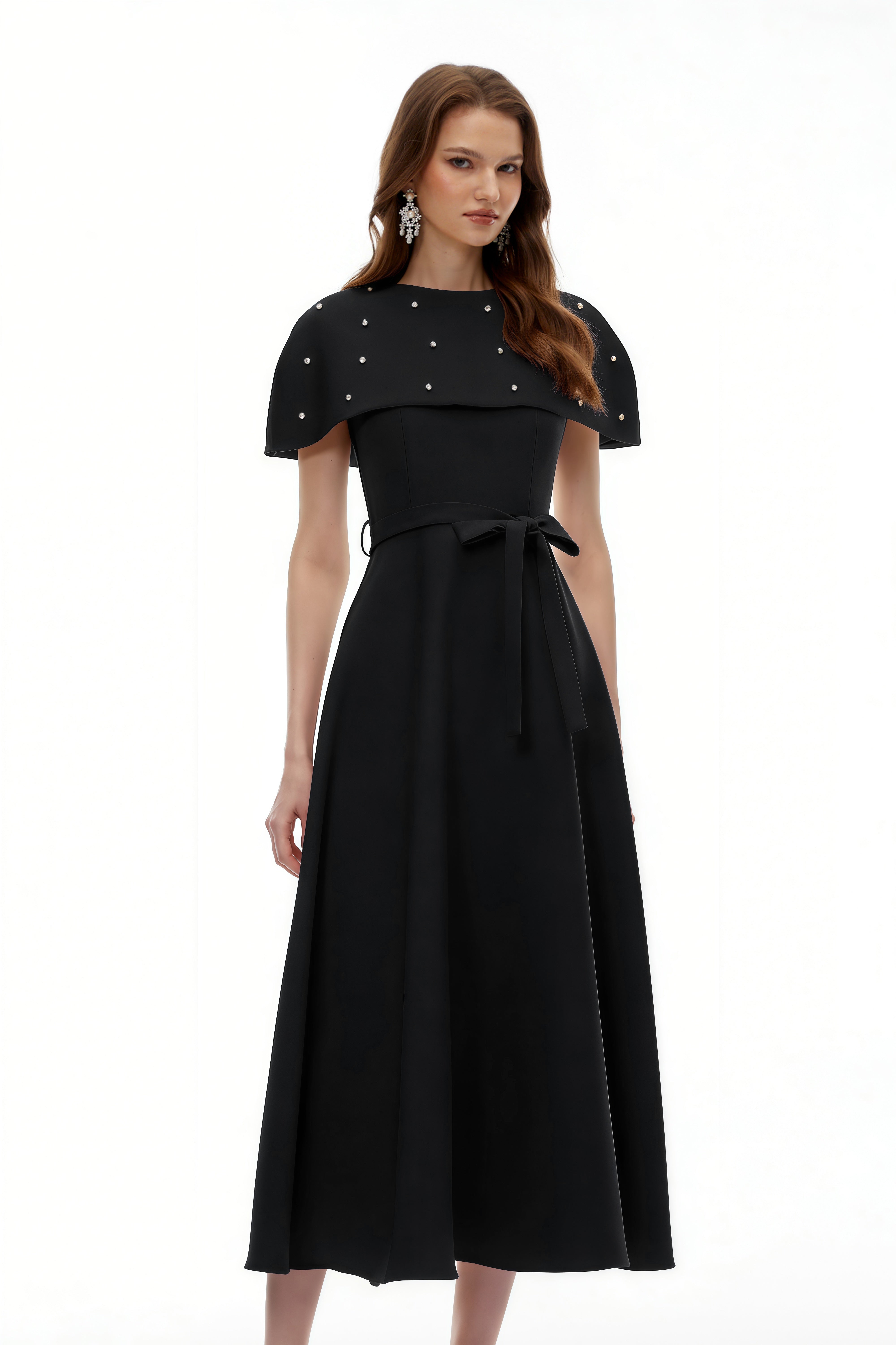 Sawda Black Embellished Midi Dress with Cape