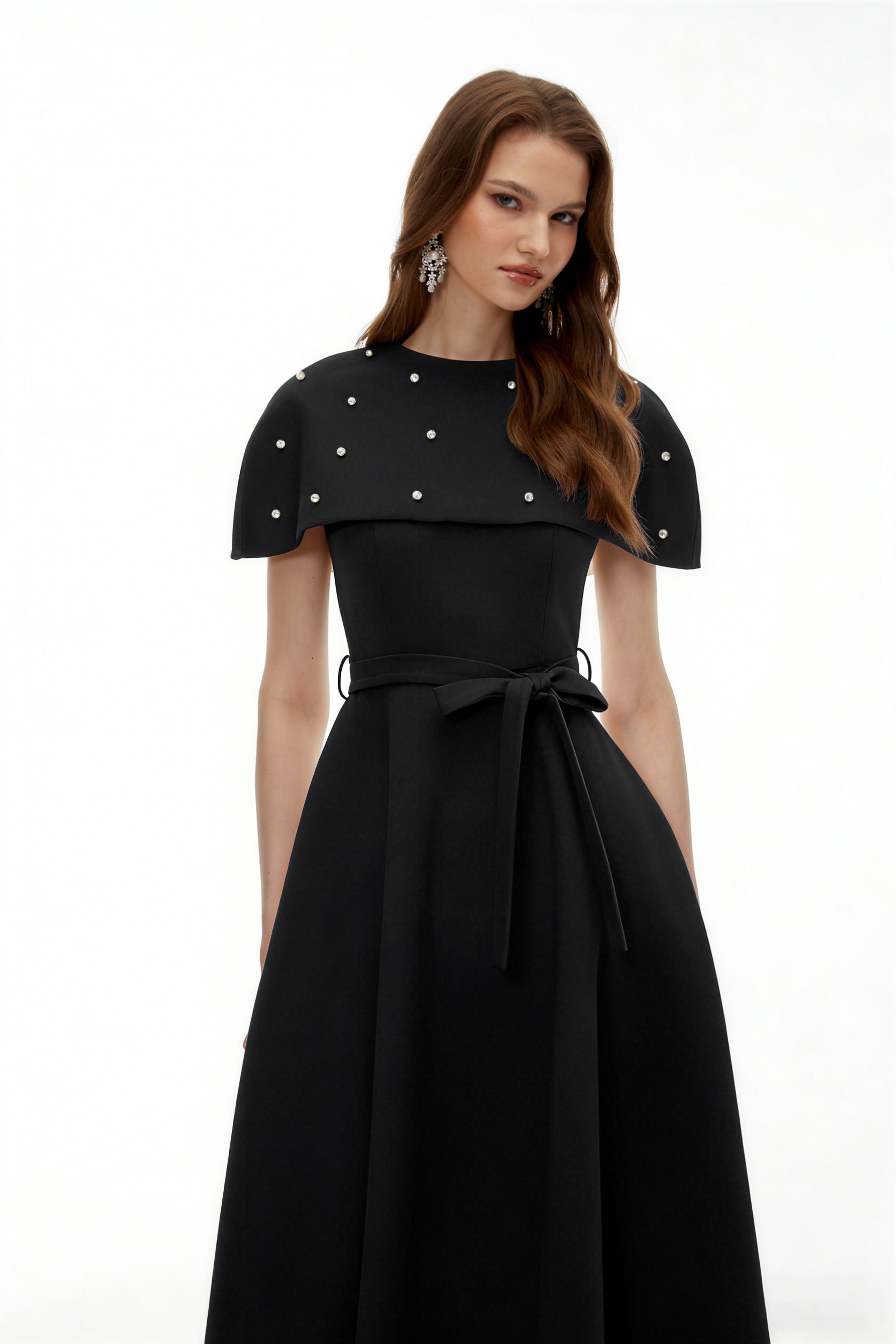 Sawda Black Embellished Midi Dress with Cape