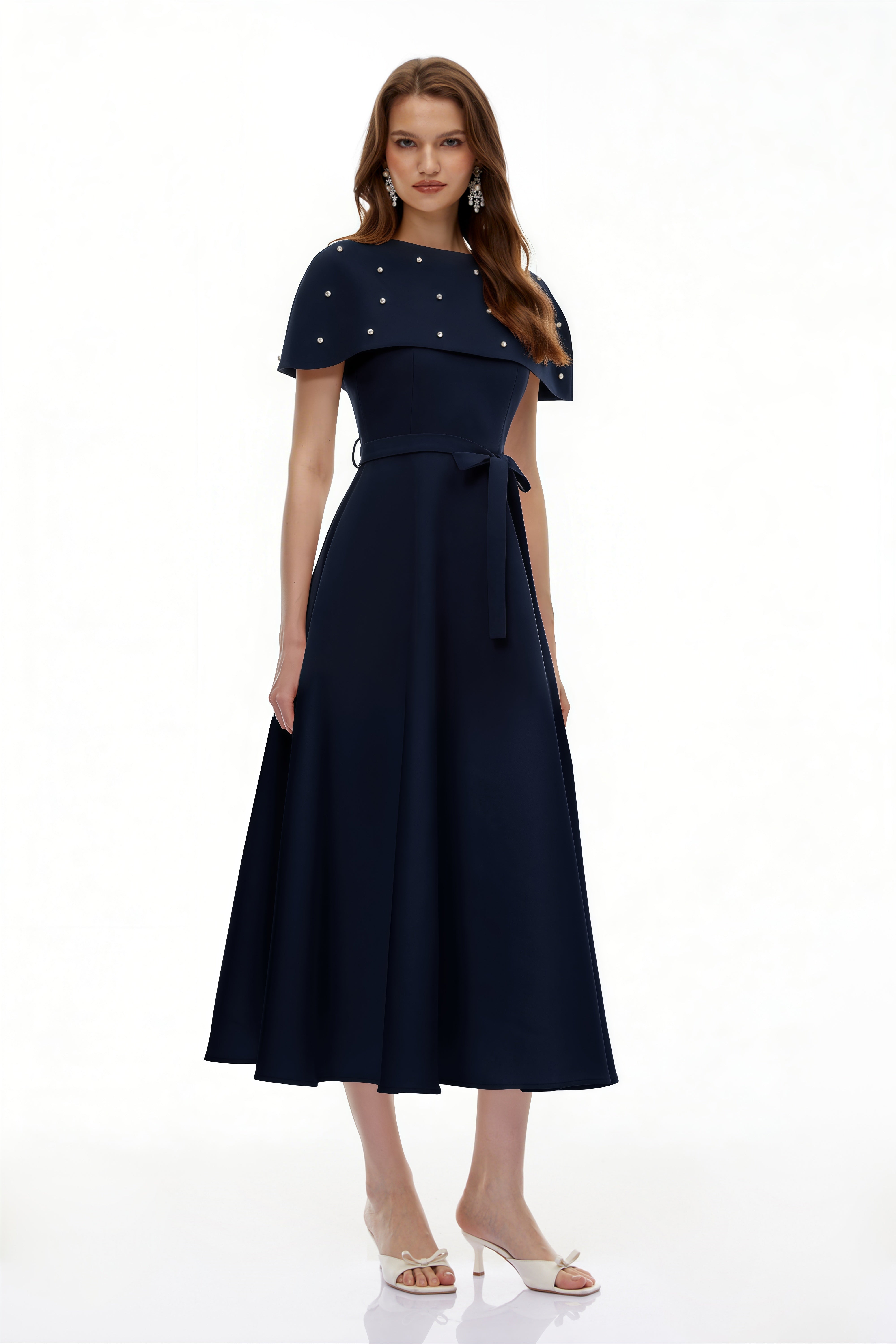 Sawda Blue Embellished Midi Dress with Cape