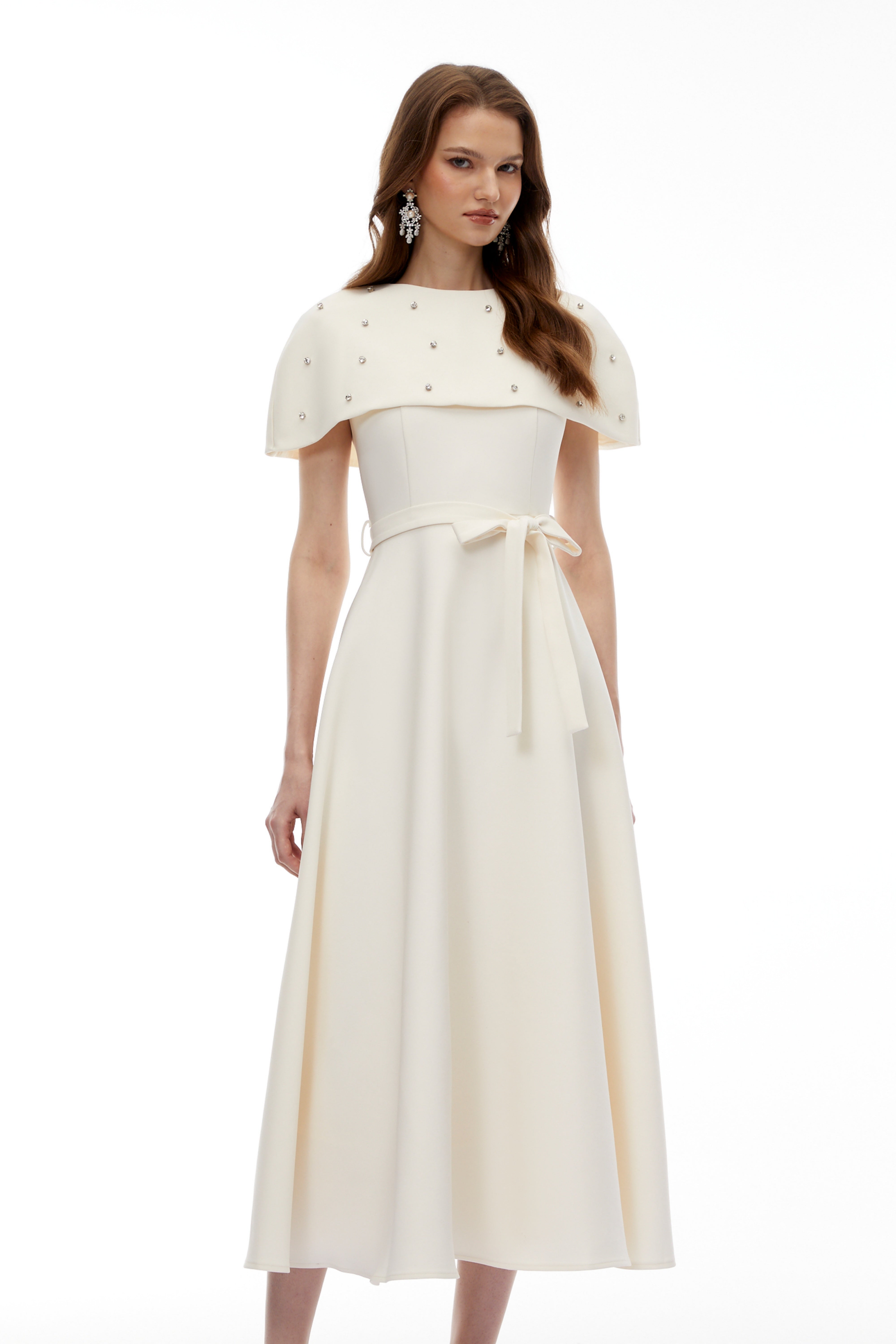 Sawda White Embellished Midi Dress with Cape