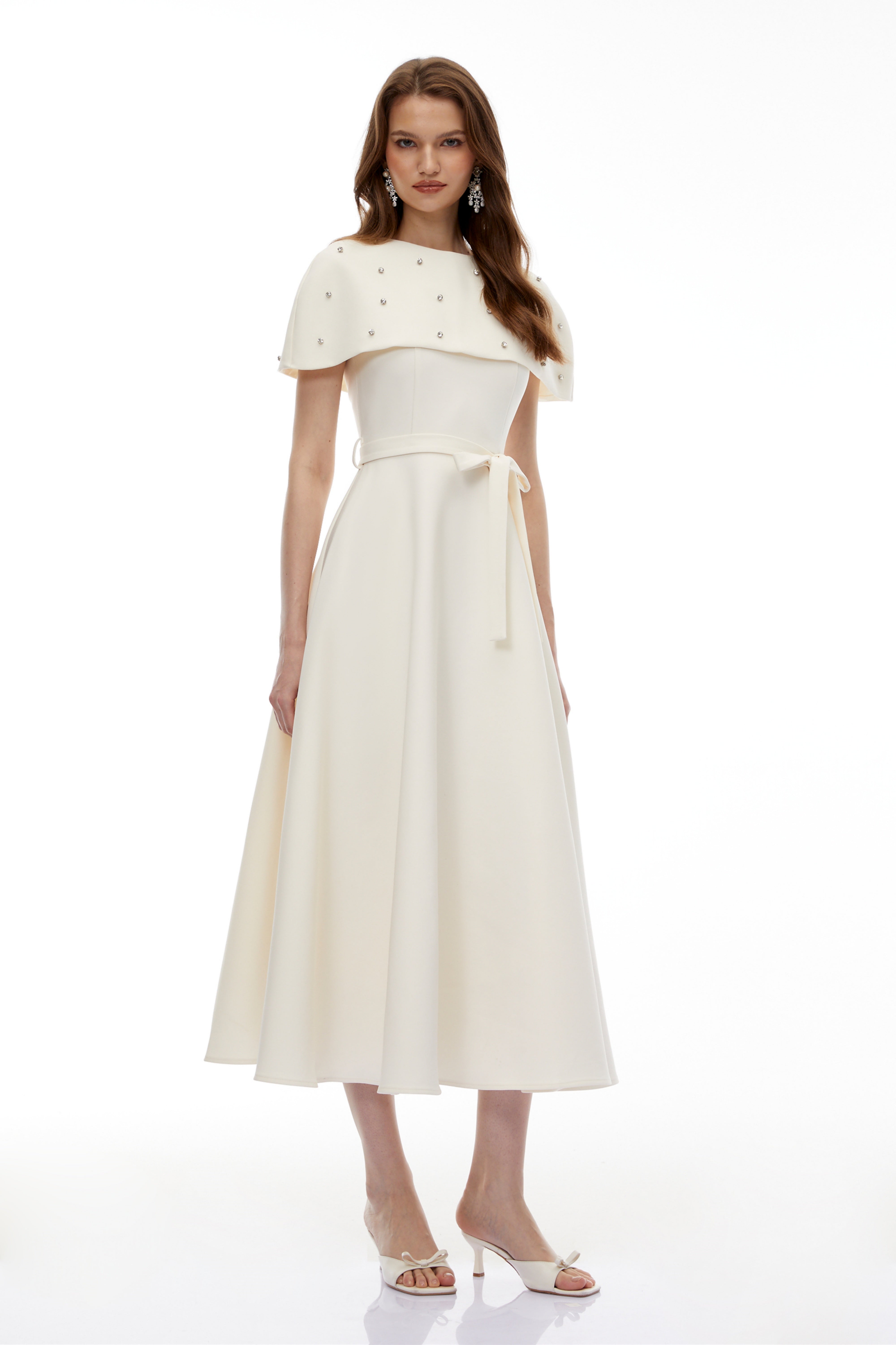 Sawda White Embellished Midi Dress with Cape