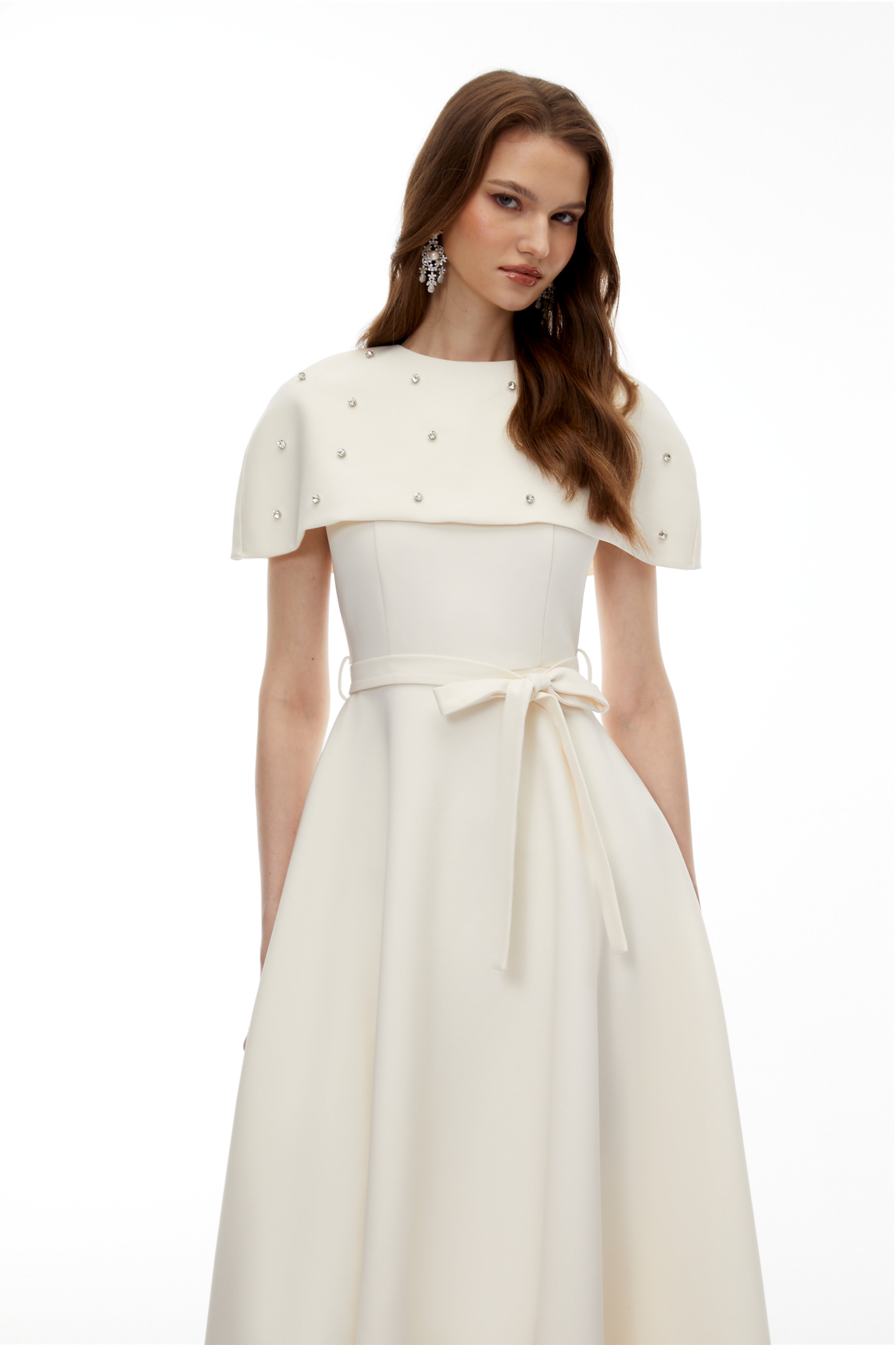 Sawda White Embellished Midi Dress with Cape