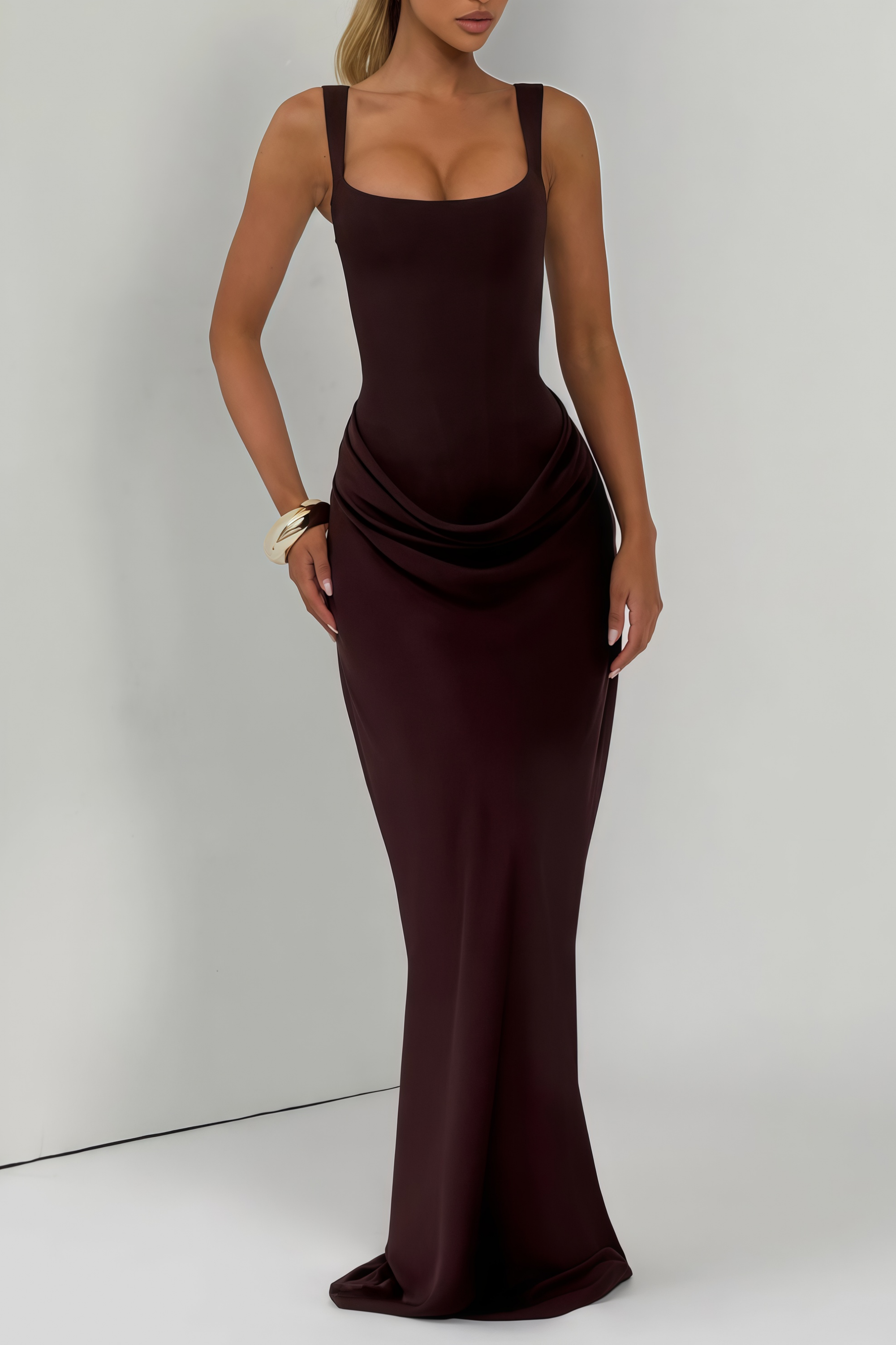 Paulette Brown Ruched Corset Maxi Dress