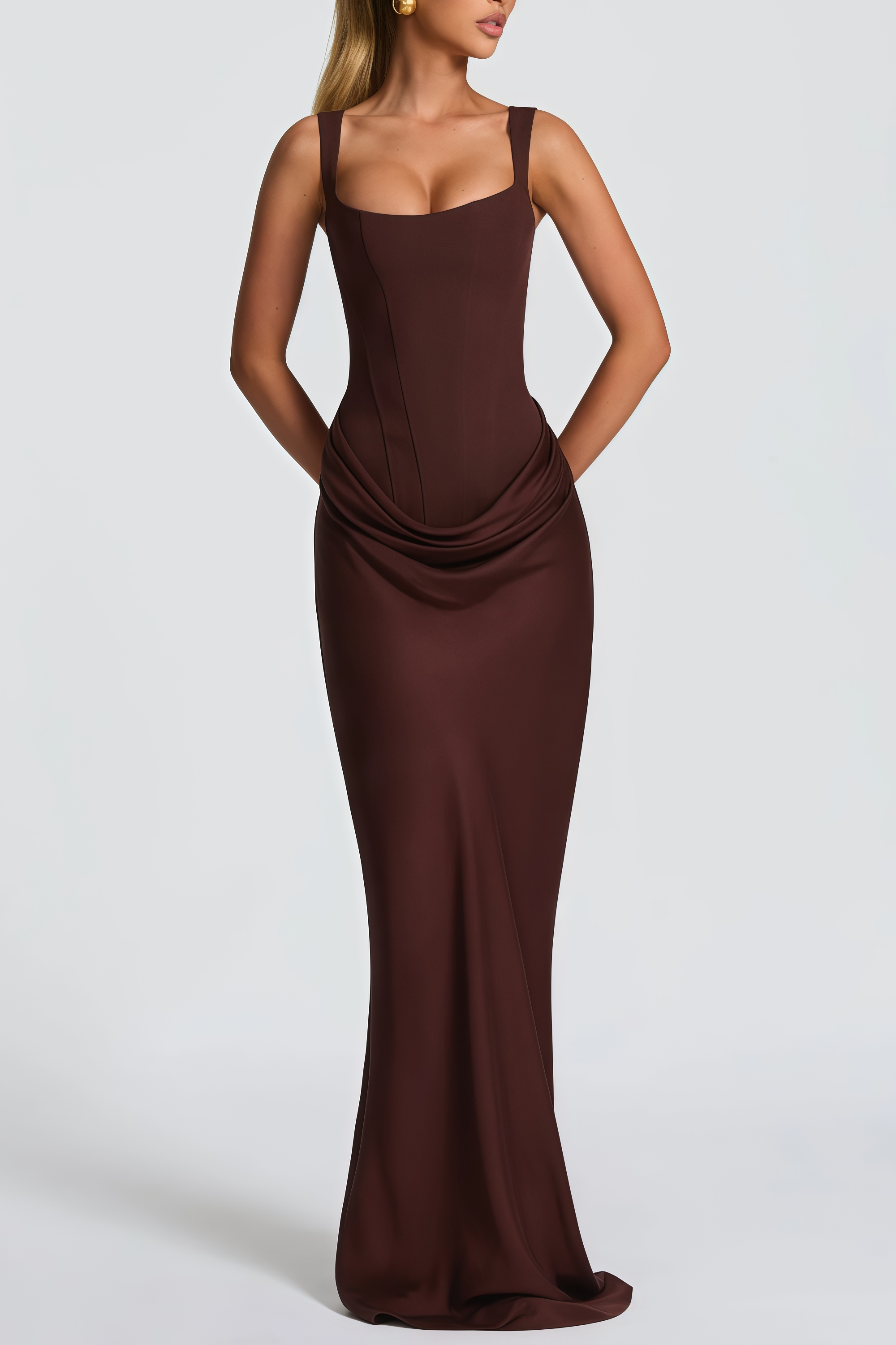 Paulette Brown Ruched Corset Maxi Dress