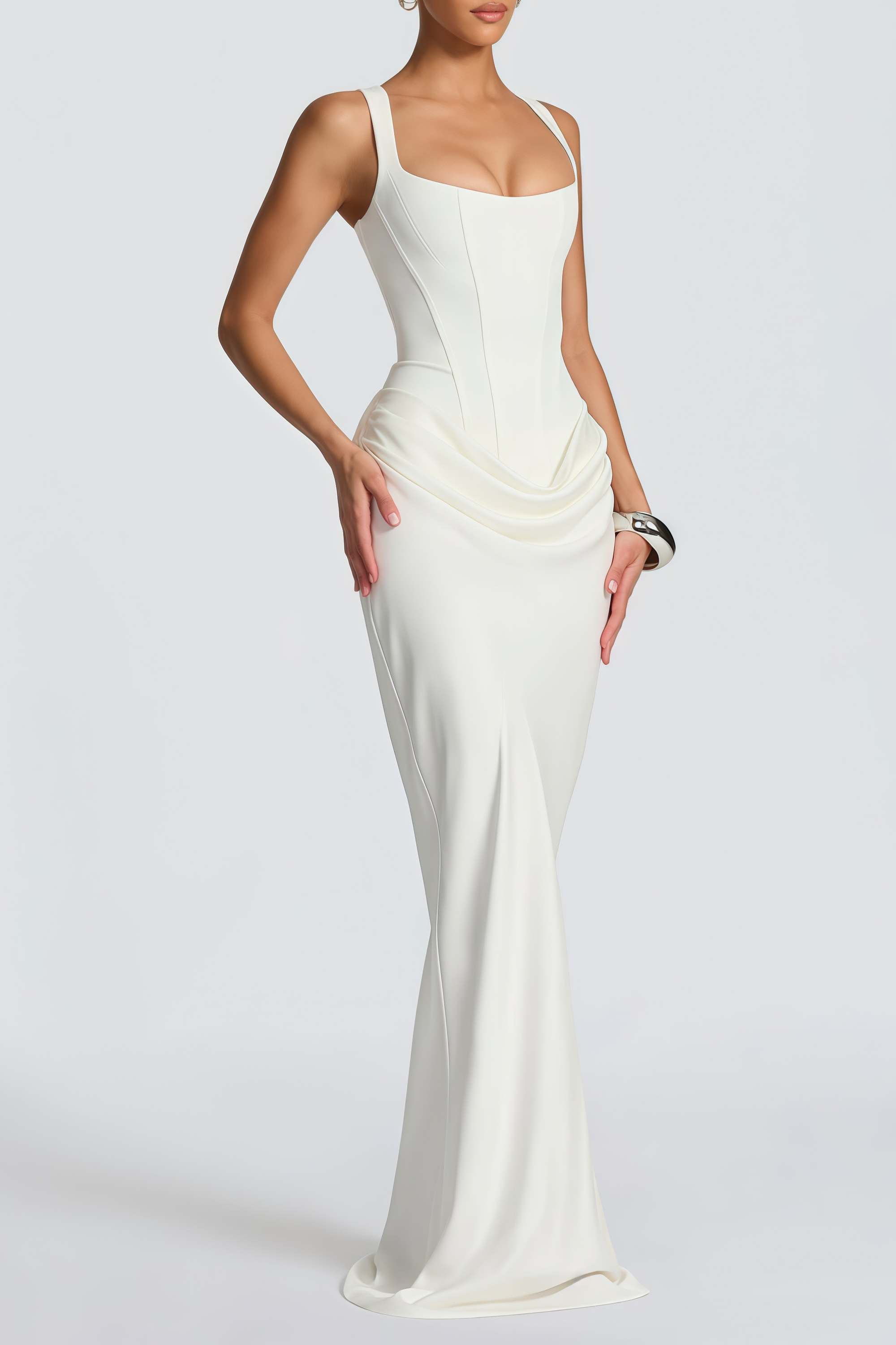 Paulette White Ruched Corset Maxi Dress (Final Sale-US Only)