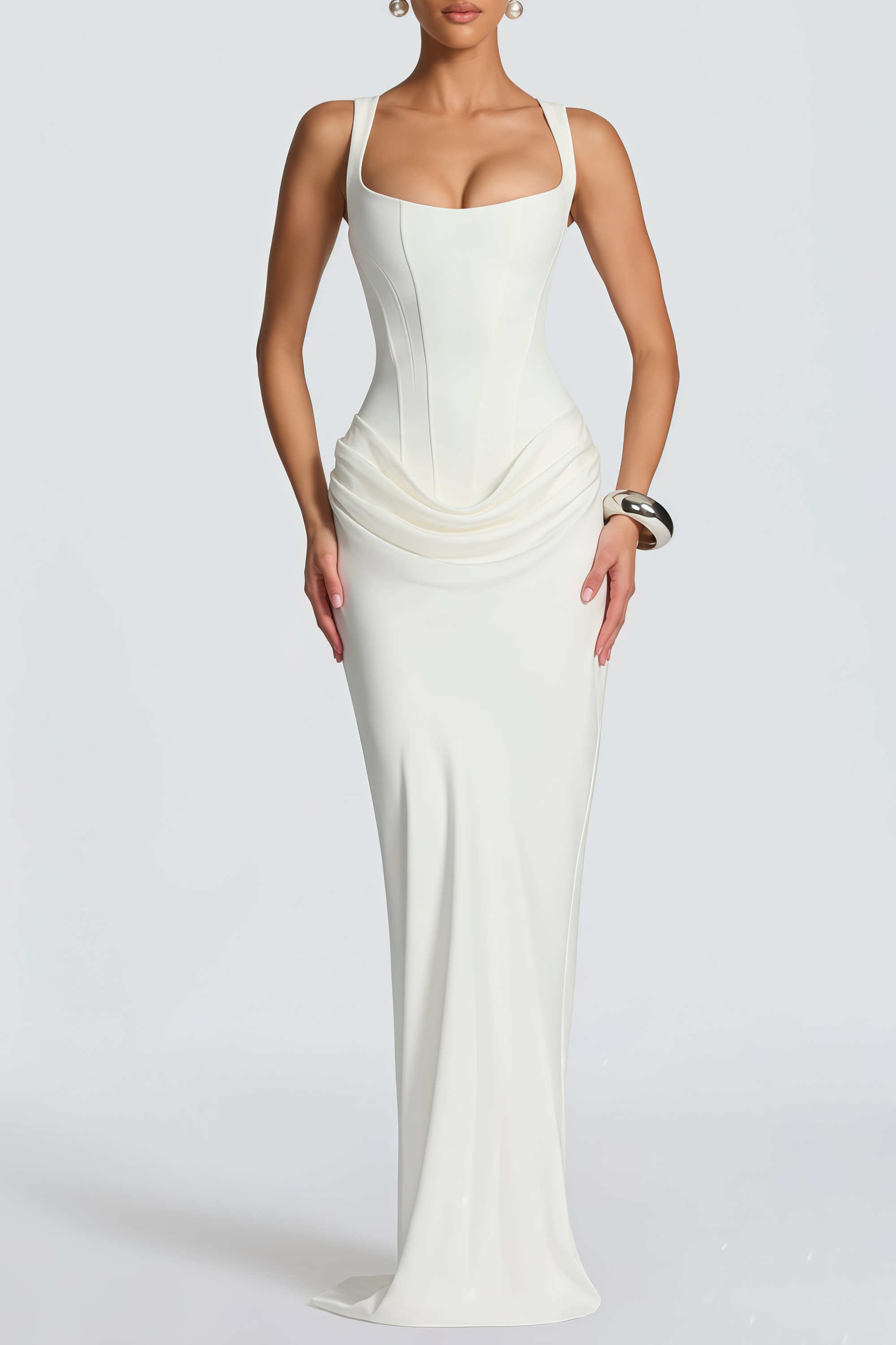 Paulette White Ruched Corset Maxi Dress