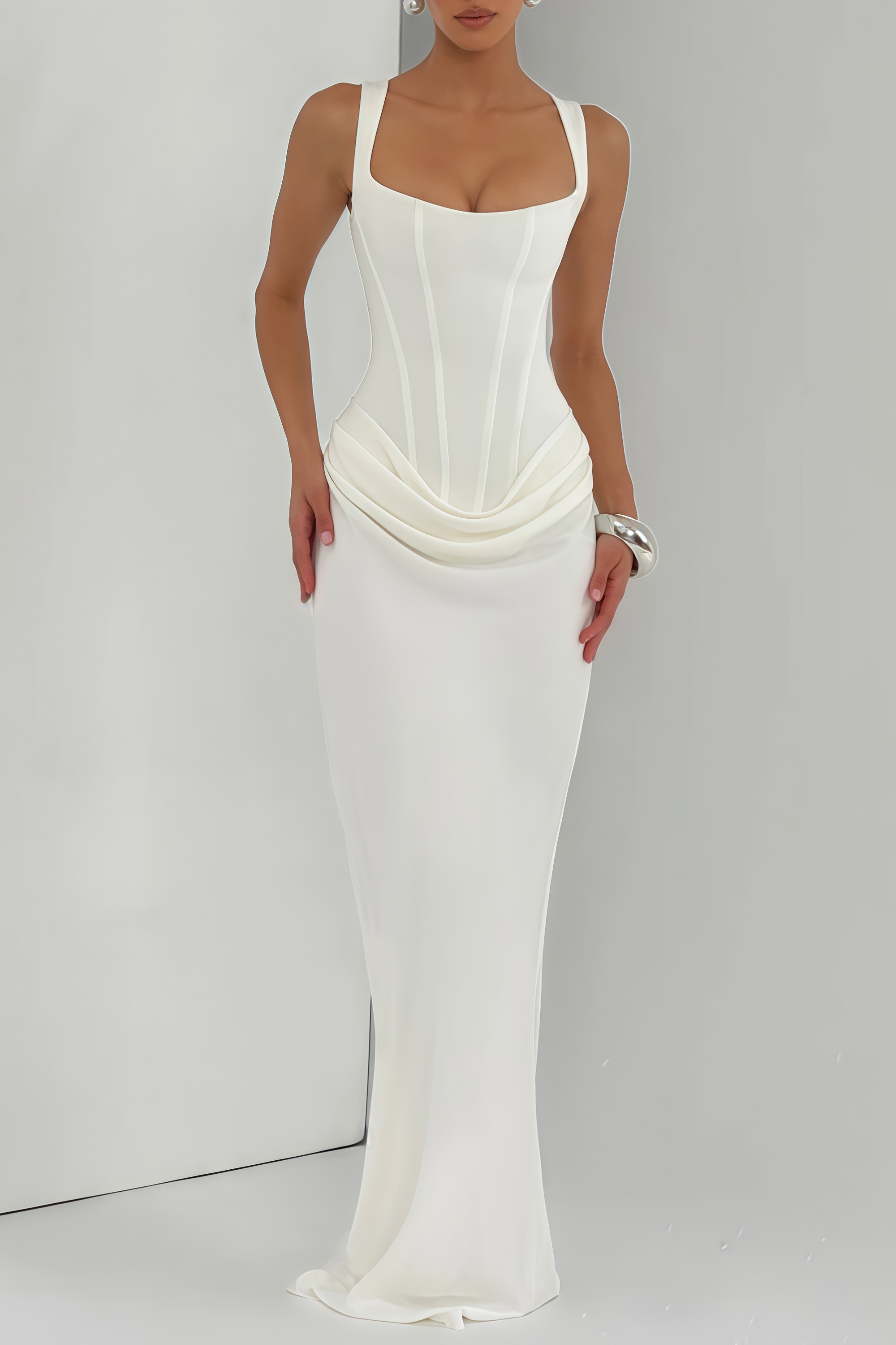 Paulette White Ruched Corset Maxi Dress (Final Sale-US Only)