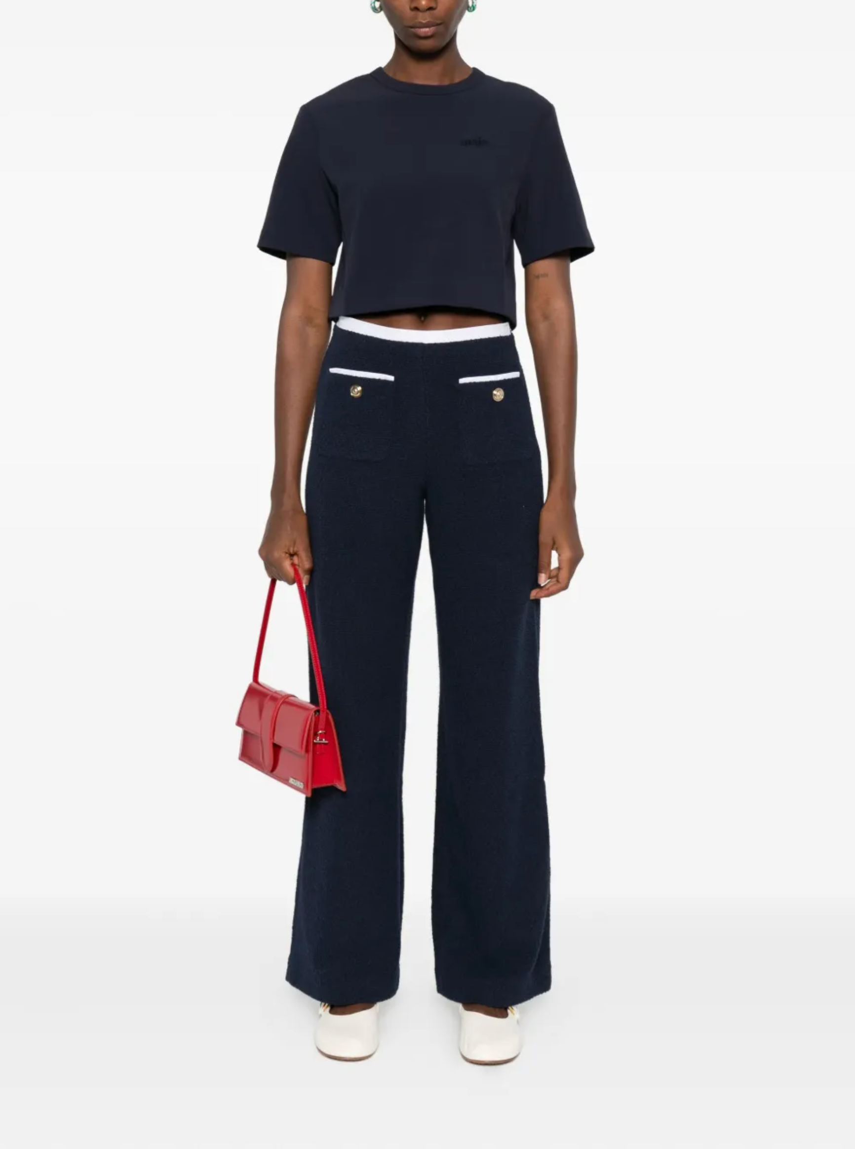 MADDY NAVY TWEED STRAIGHT-LEG TROUSERS WITH GOLD BUTTONS- NAVY