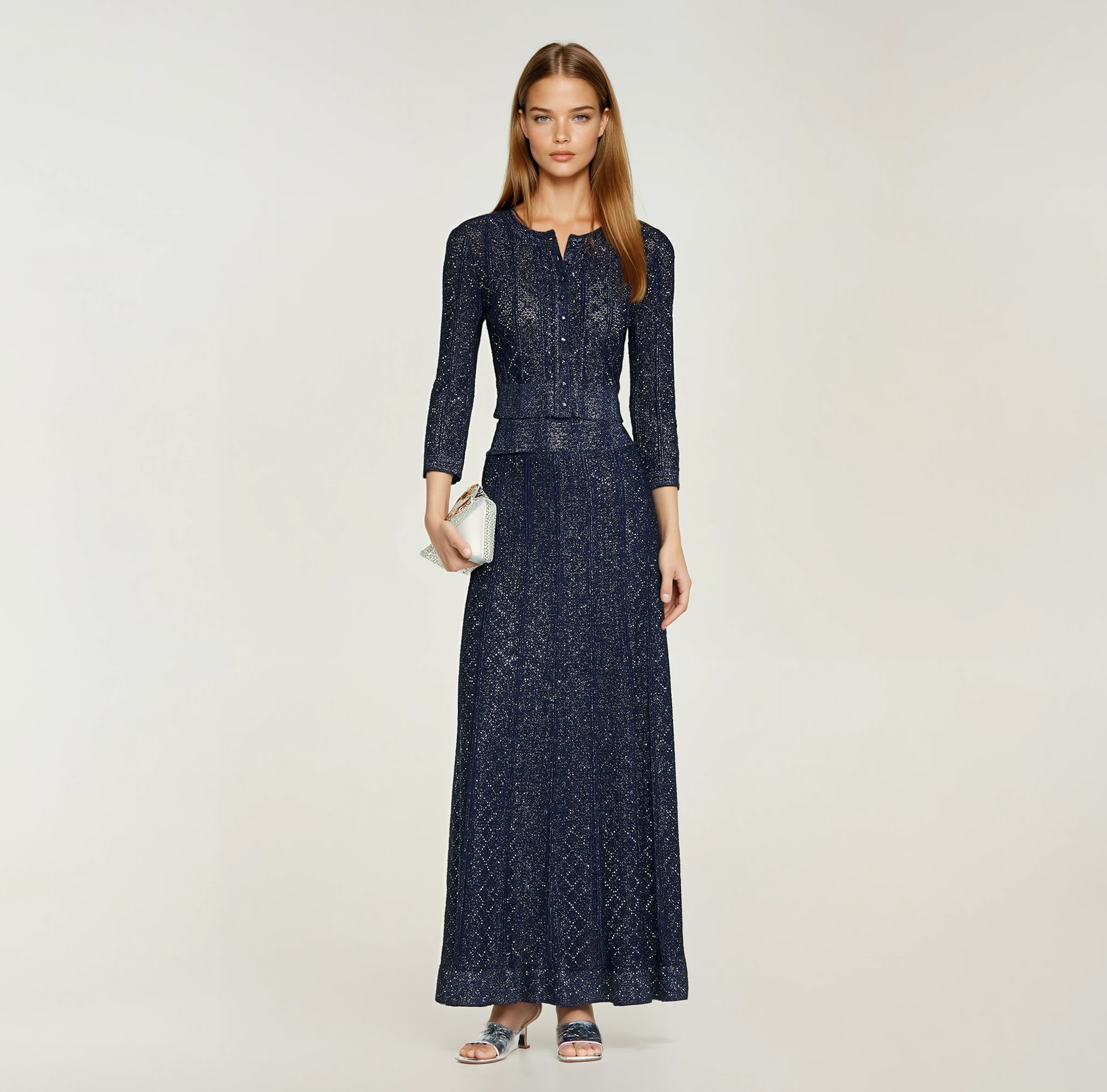 Sandro Strass Knit Cropped Cardigan & Rhinestone Knit Maxi Skirt Set - Dark Blue