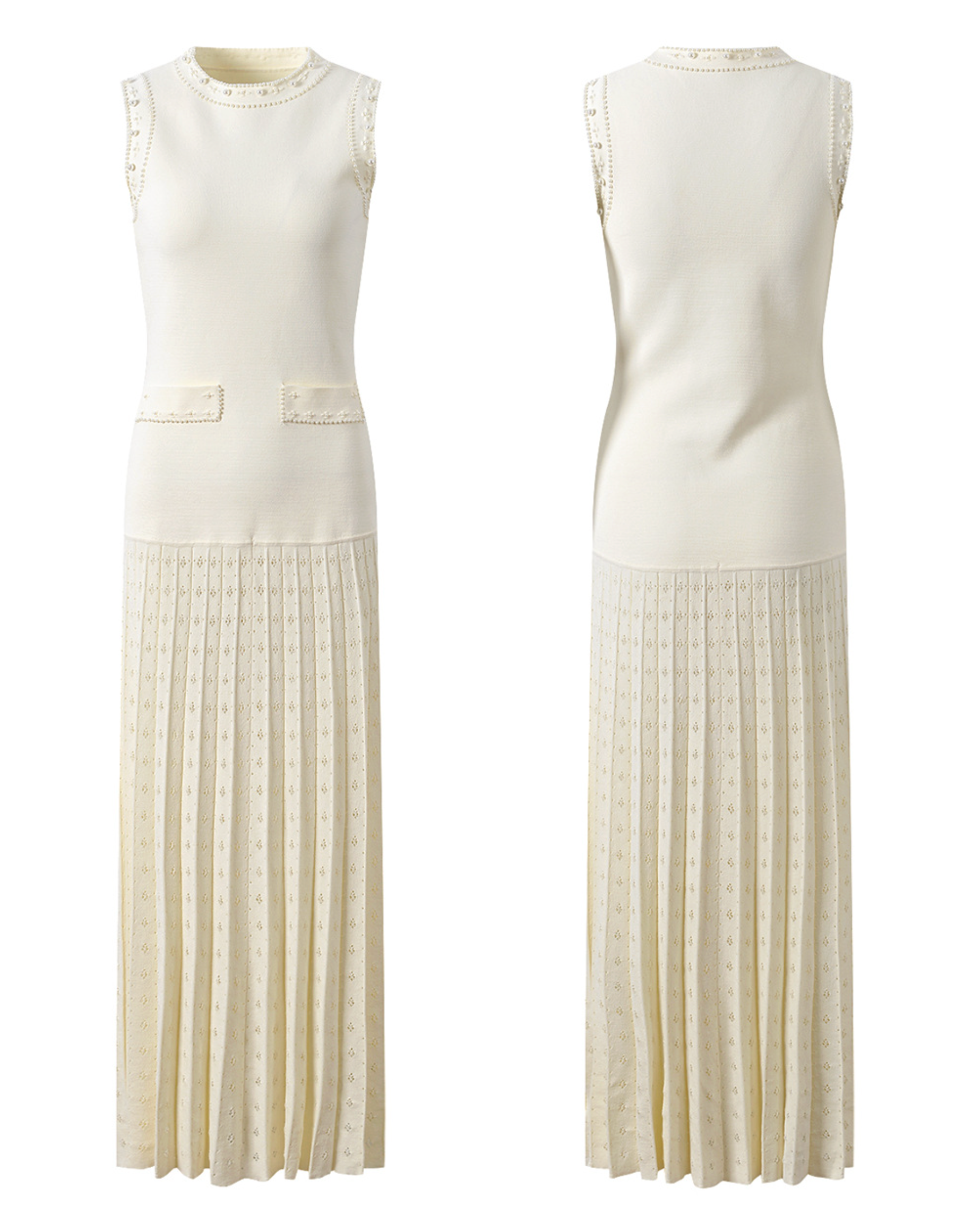 SANDRO Donatienne white faux-pearl knitted maxi dress - Beige