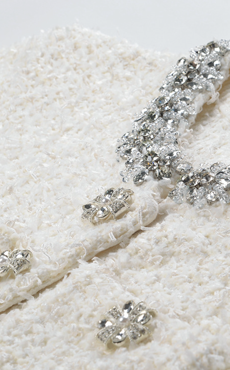 CHLOE CREAM BOUCLÉ KNIT MINI DRESS WITH CRYSTAL BUTTONS - WHITE