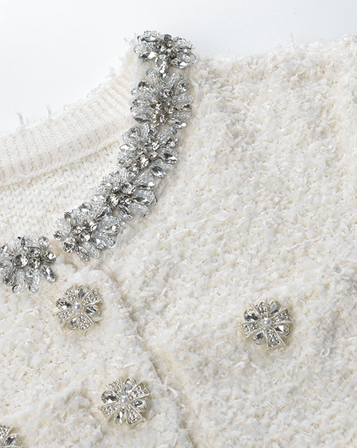 CHLOE CREAM BOUCLÉ KNIT MINI DRESS WITH CRYSTAL BUTTONS - WHITE