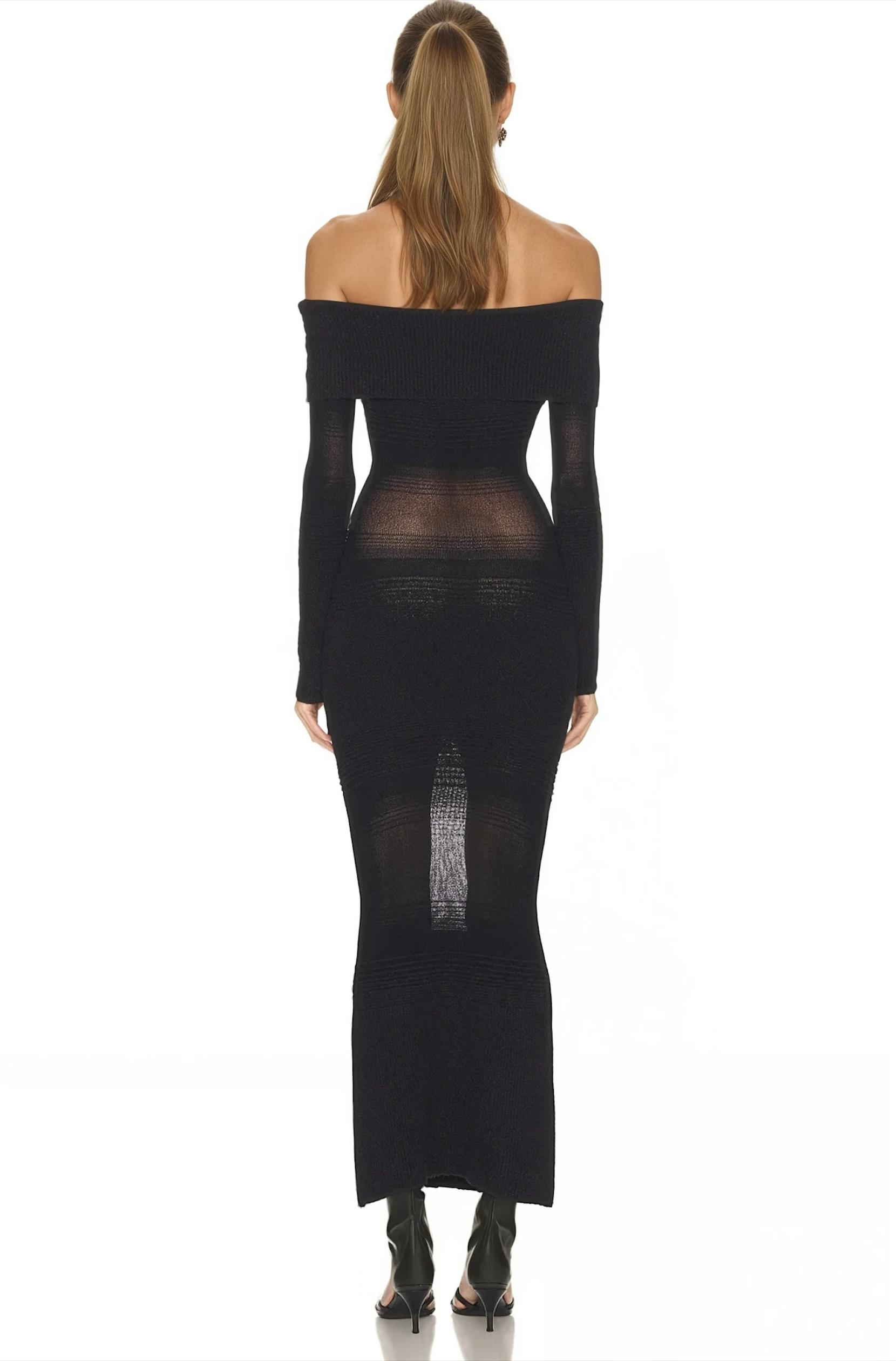 GALATEA OFF-SHOULDER MESH MIDI/MAXI DRESS – JET BLACK