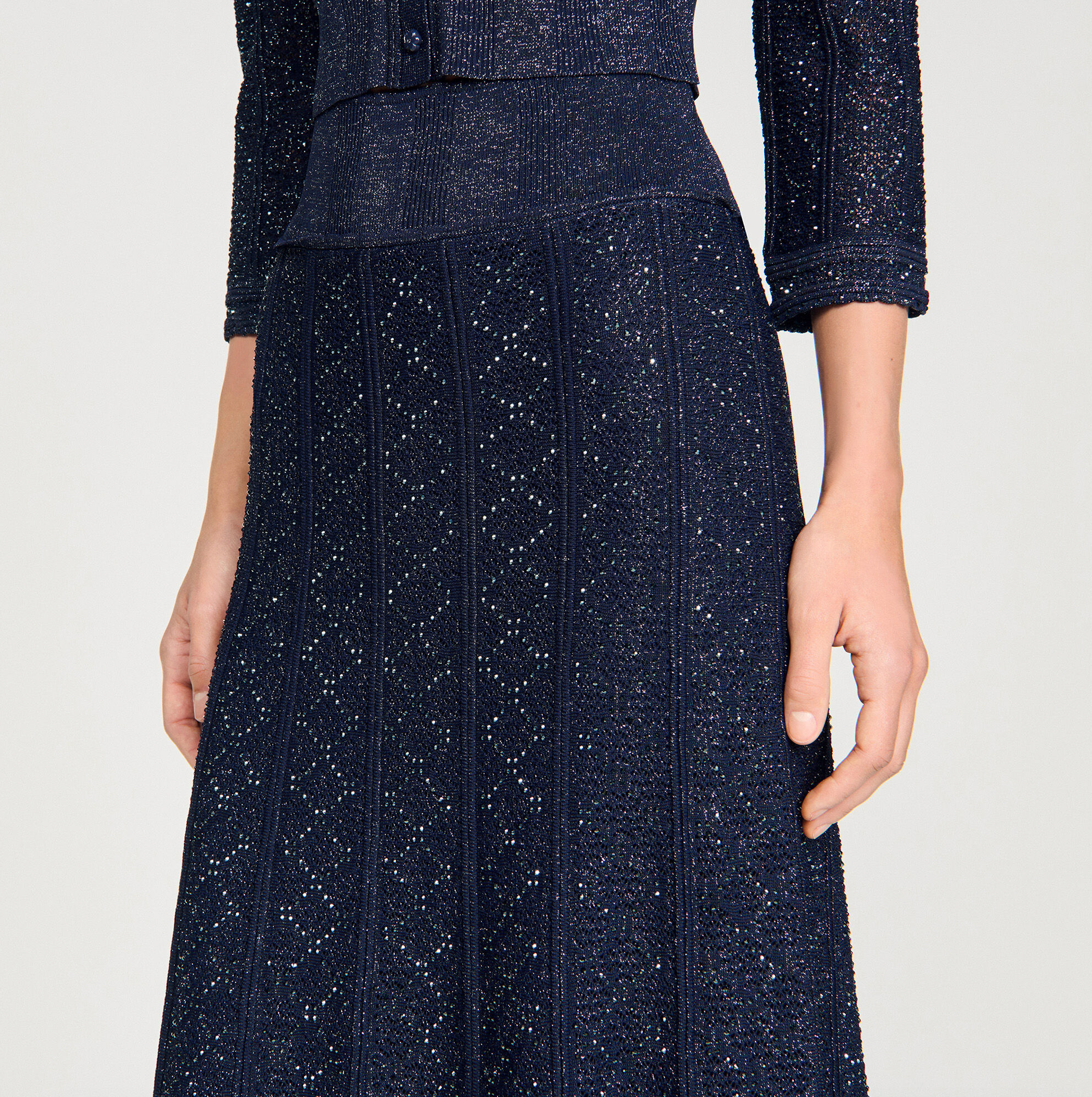 Sandro Strass Knit Cropped Cardigan & Rhinestone Knit Maxi Skirt Set - Dark Blue