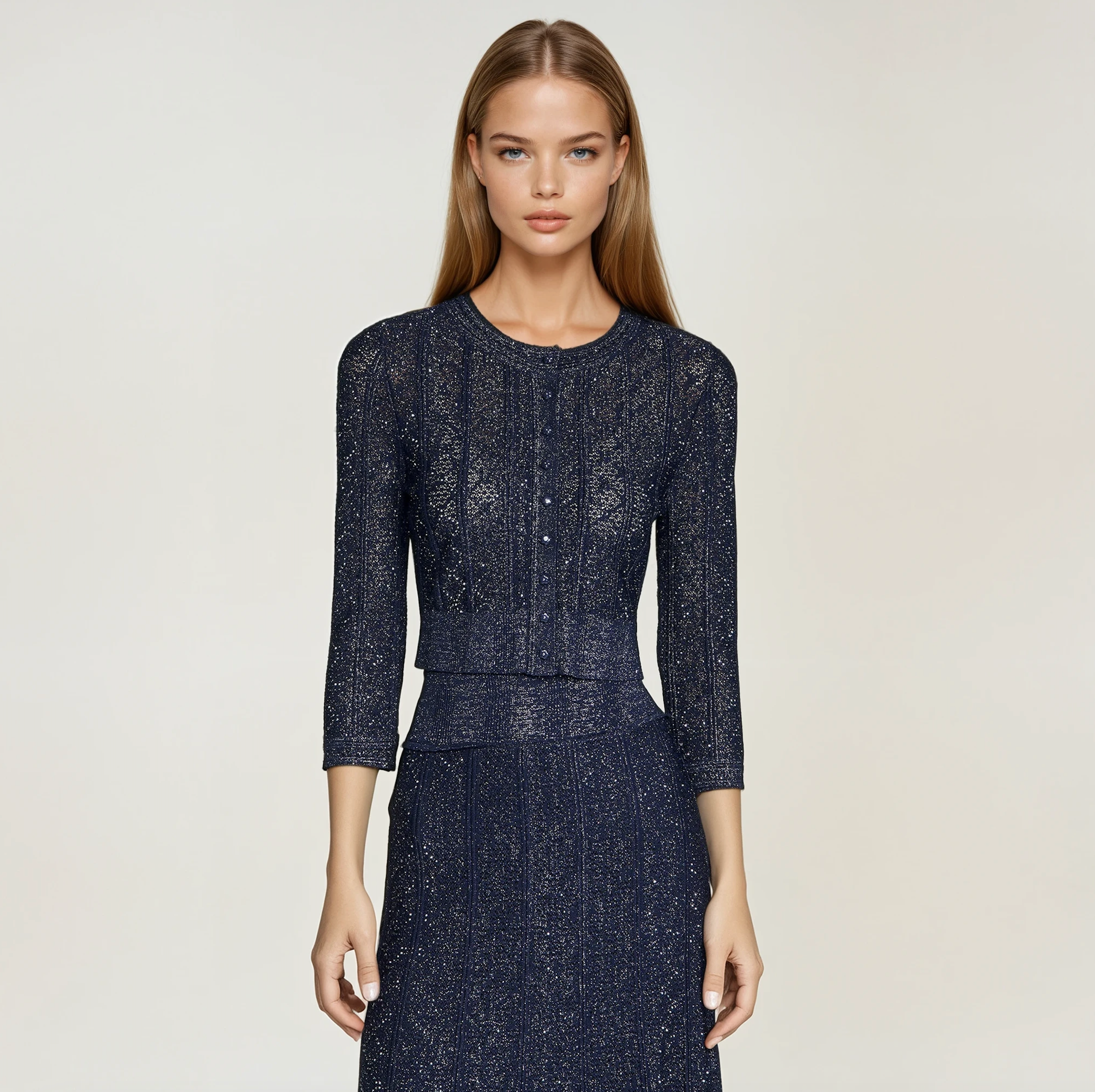 Sandro Strass Knit Cropped Cardigan & Rhinestone Knit Maxi Skirt Set - Dark Blue