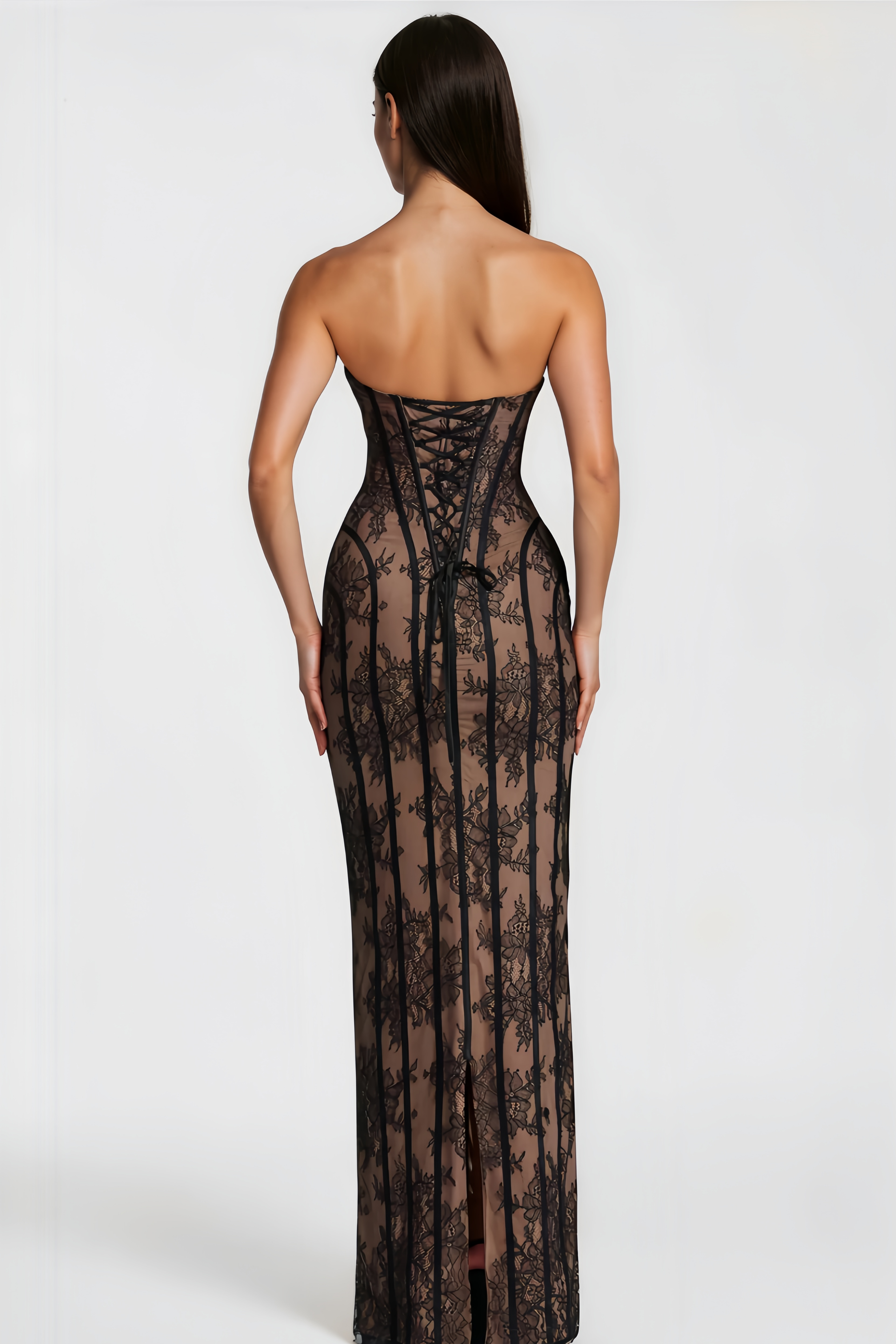 Urszula Black Floral Lace Corset Maxi Dress