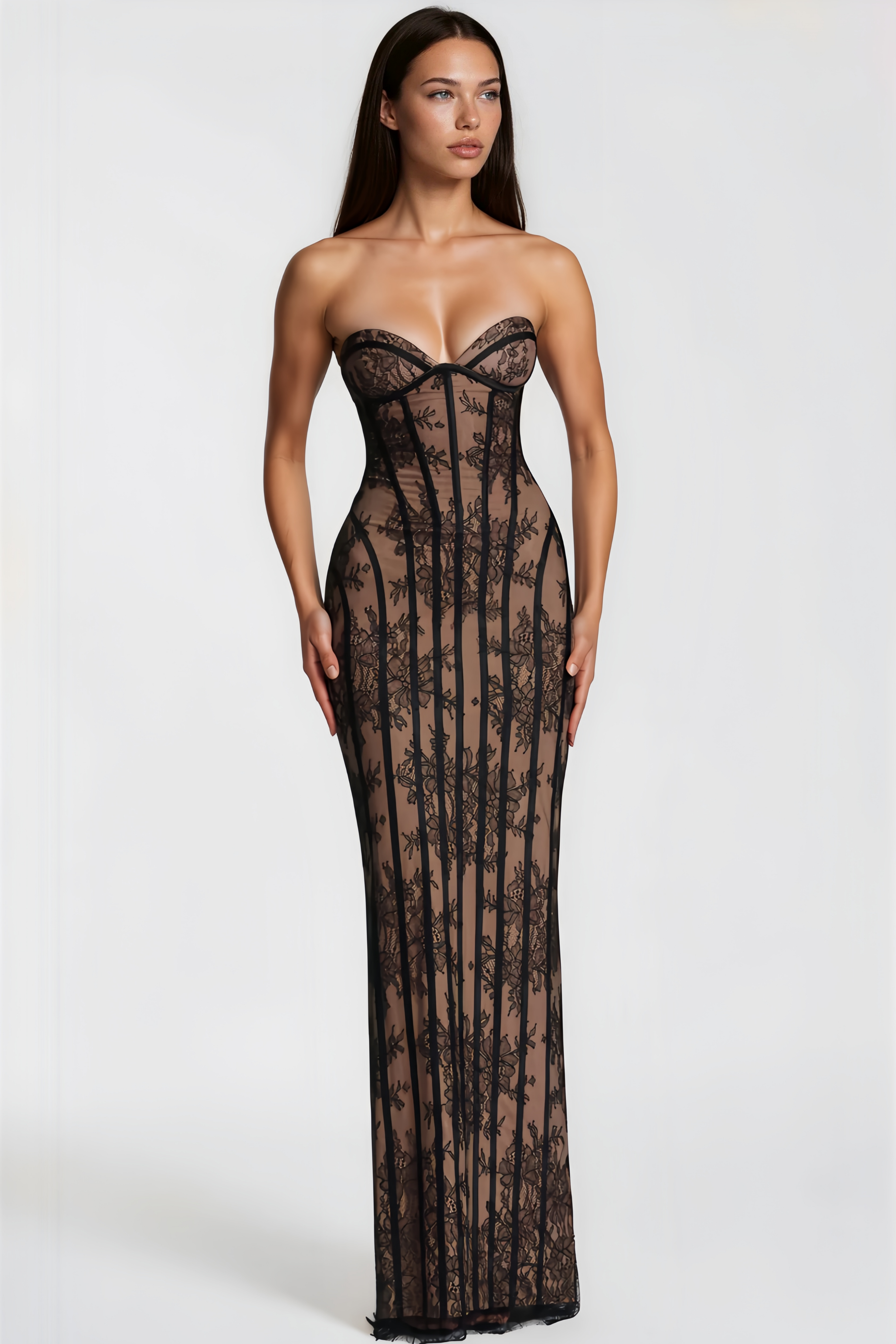 Urszula Black Floral Lace Corset Maxi Dress