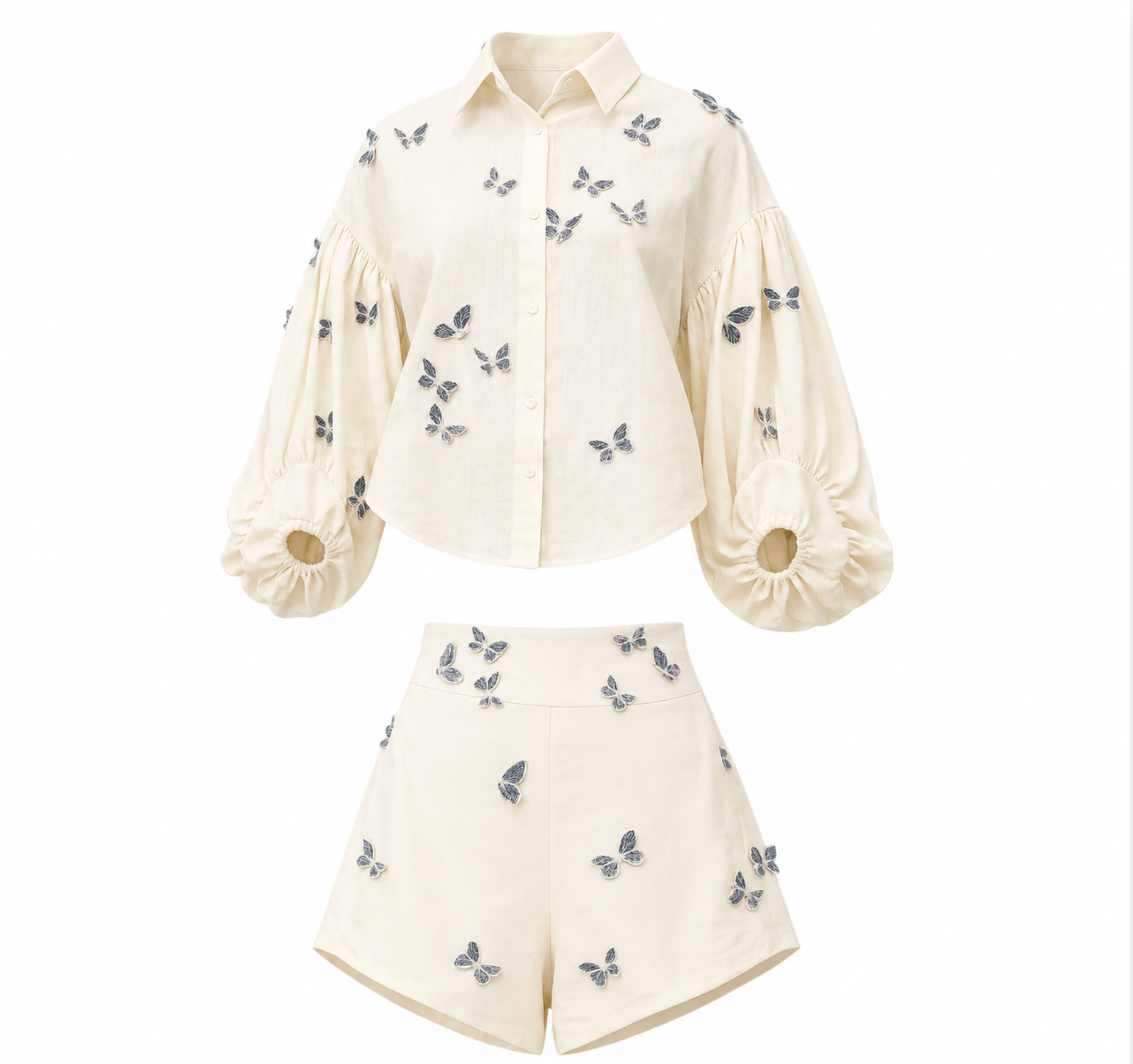 Ophélie White Butterfly Embroidered Shirt & Shorts Set