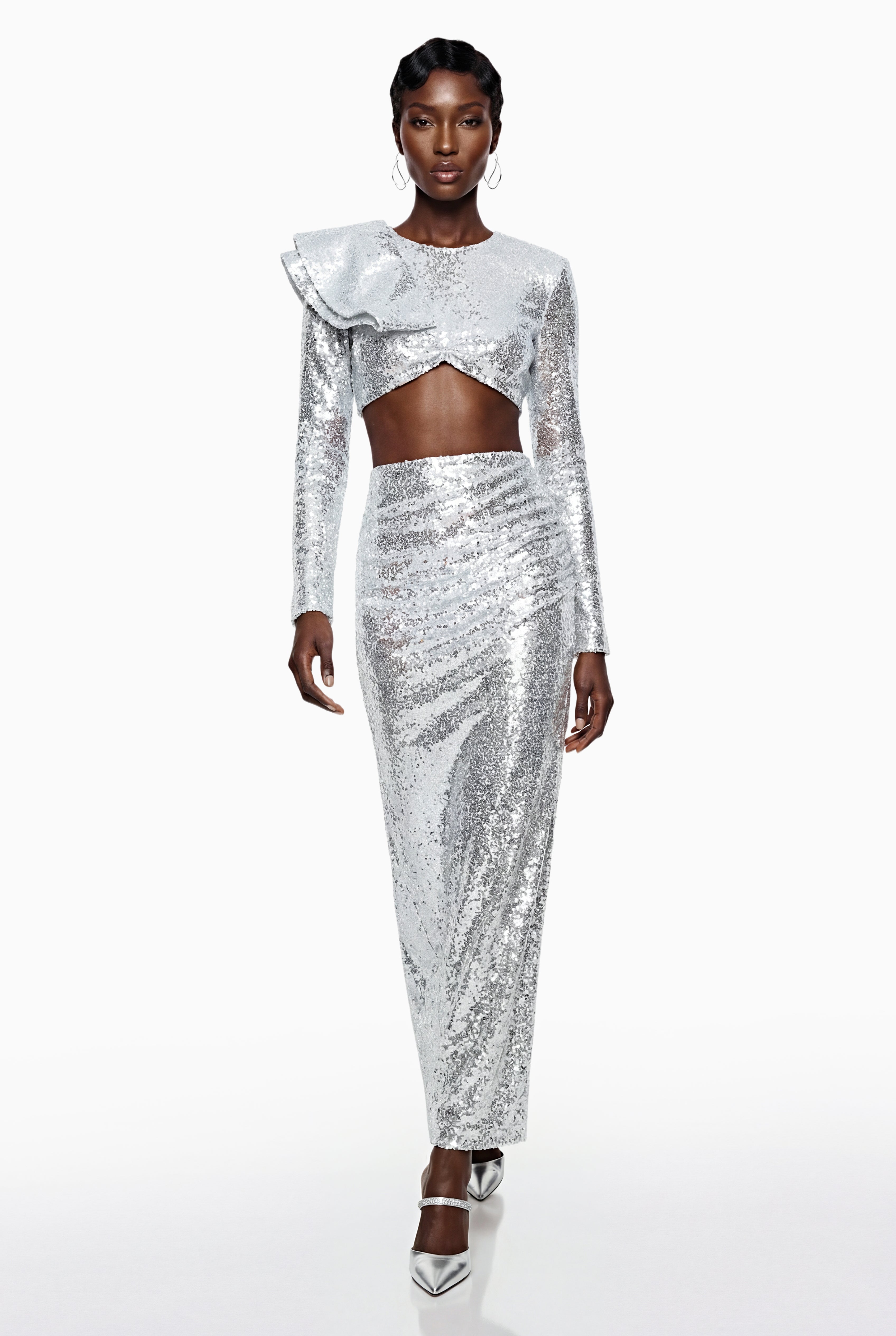 Selah Silver Asymmetrical Top & Skirt Set with Slit