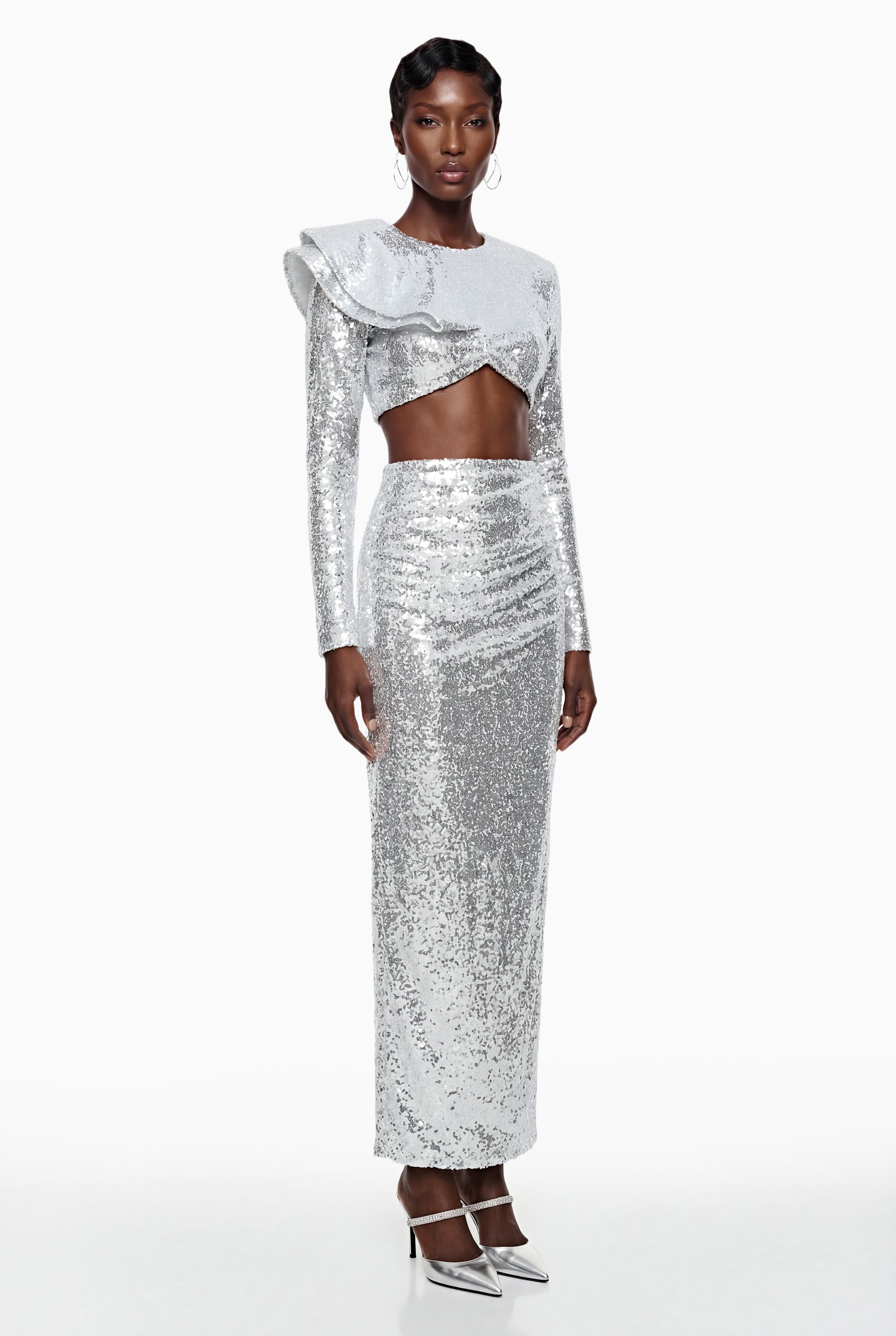 Selah Silver Asymmetrical Top & Skirt Set with Slit