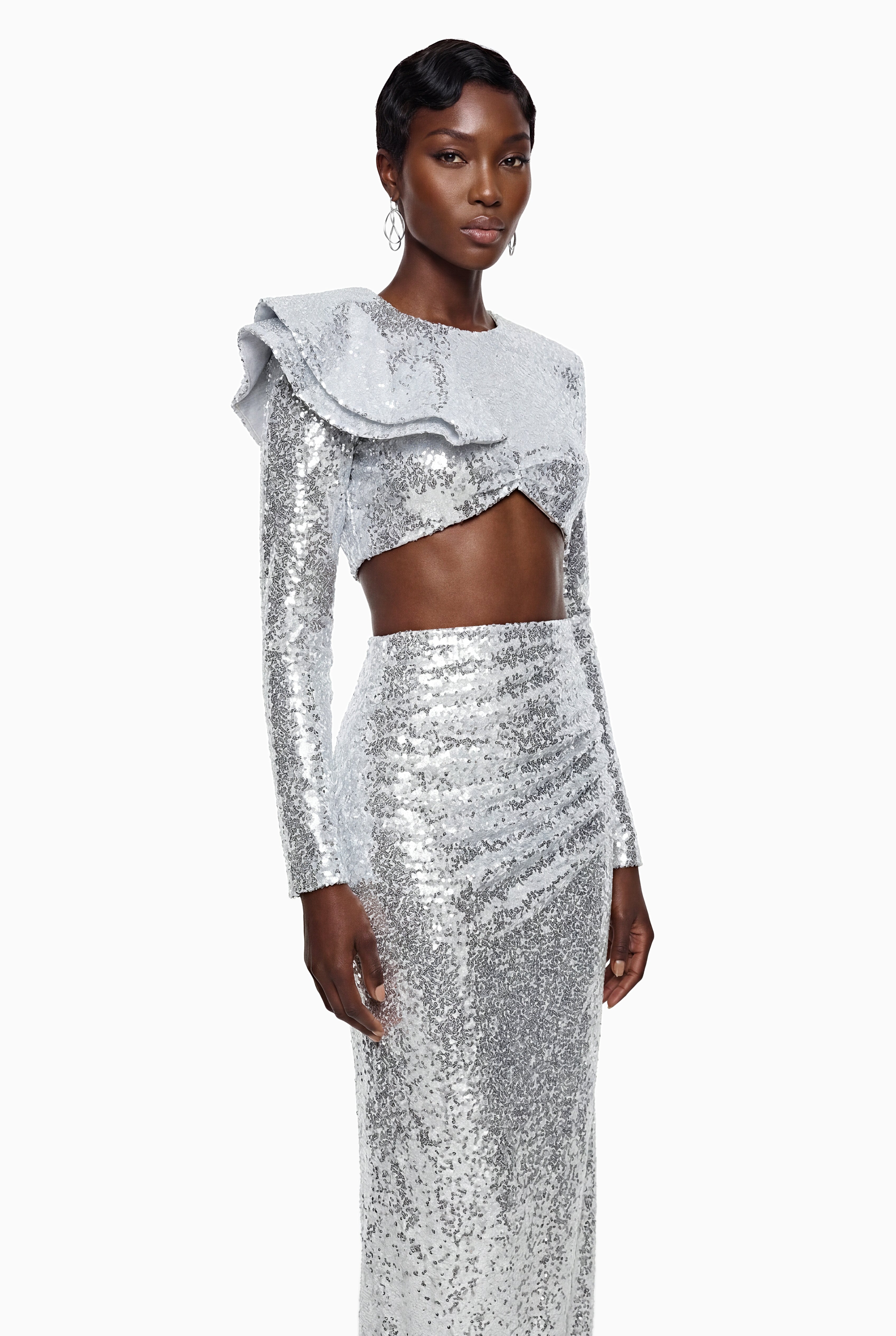 Selah Silver Asymmetrical Top & Skirt Set with Slit
