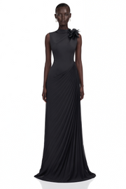 Vivienne Black Sleeveless Pleated Maxi Dress with Floral Applique