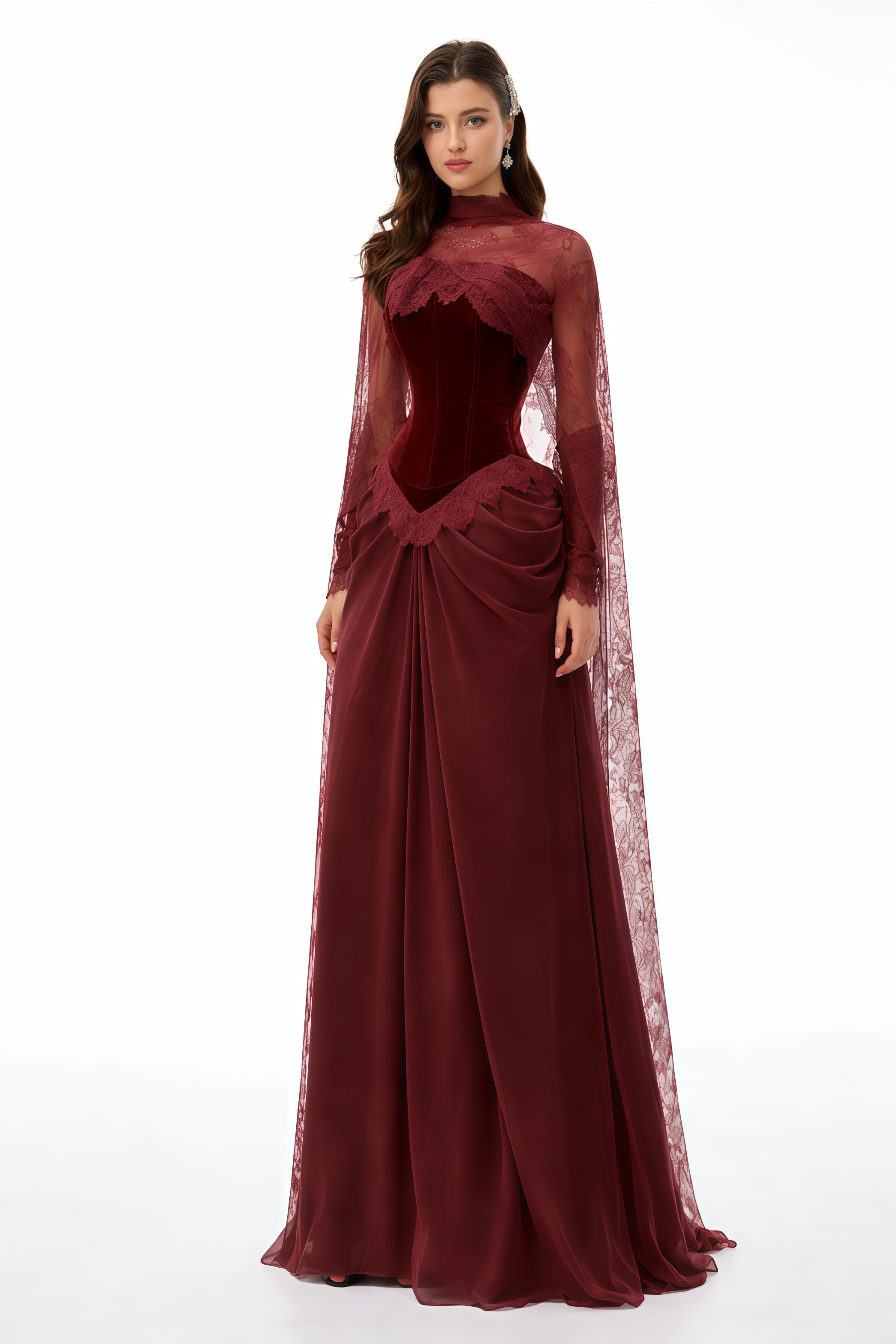 Seraphina Red Floral Lace Maxi Dress with Cape