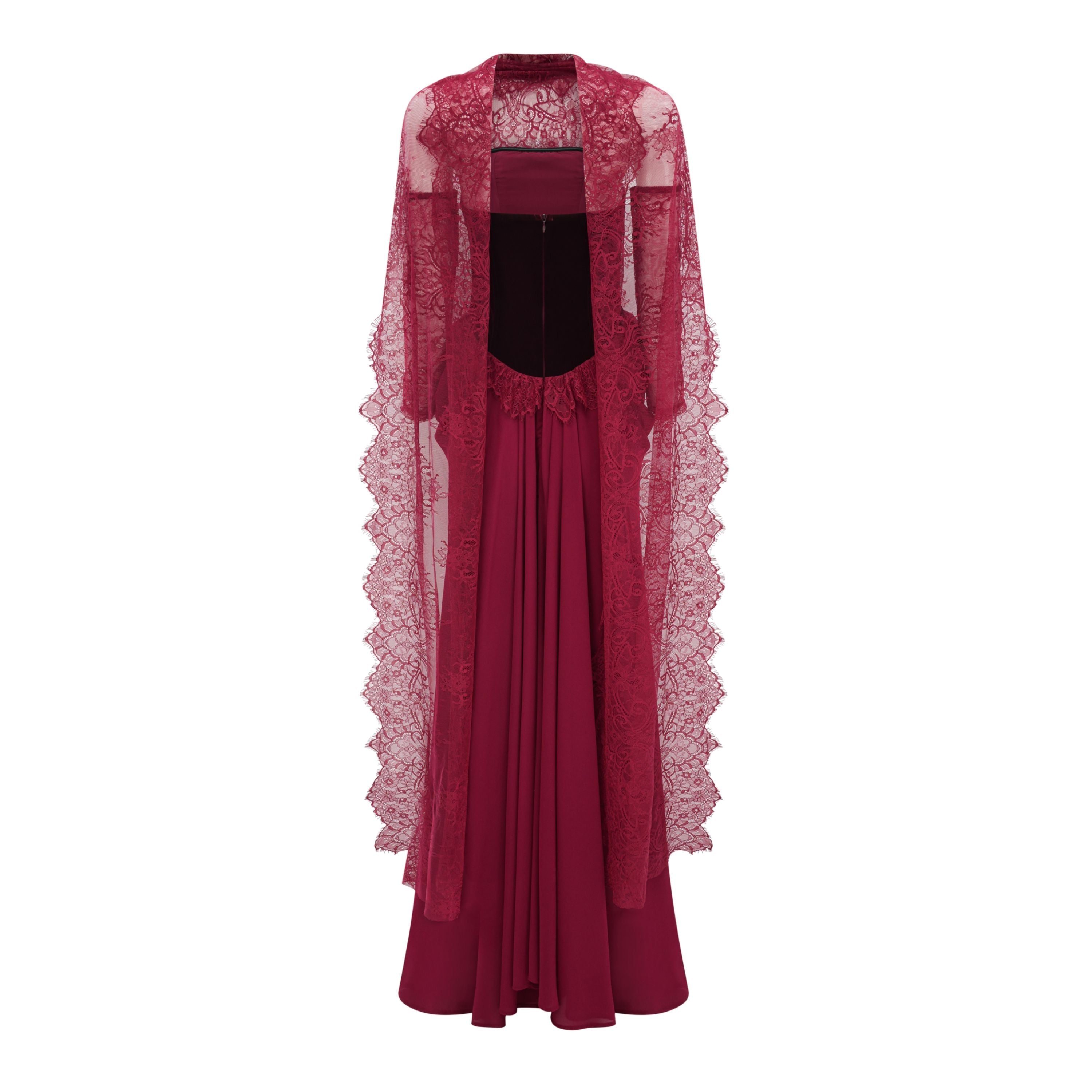 Seraphina Red Floral Lace Maxi Dress with Cape
