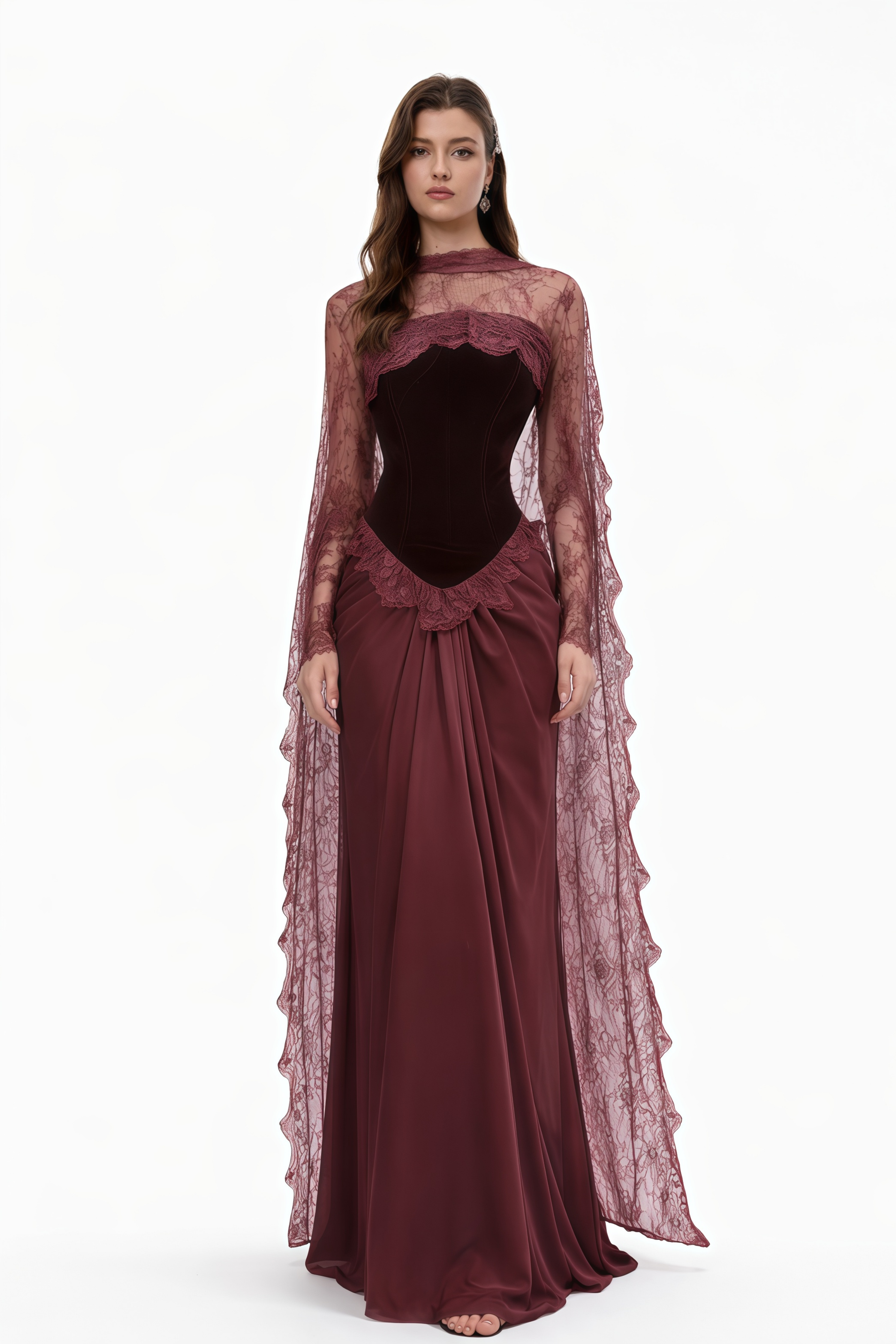 Seraphina Red Floral Lace Maxi Dress with Cape