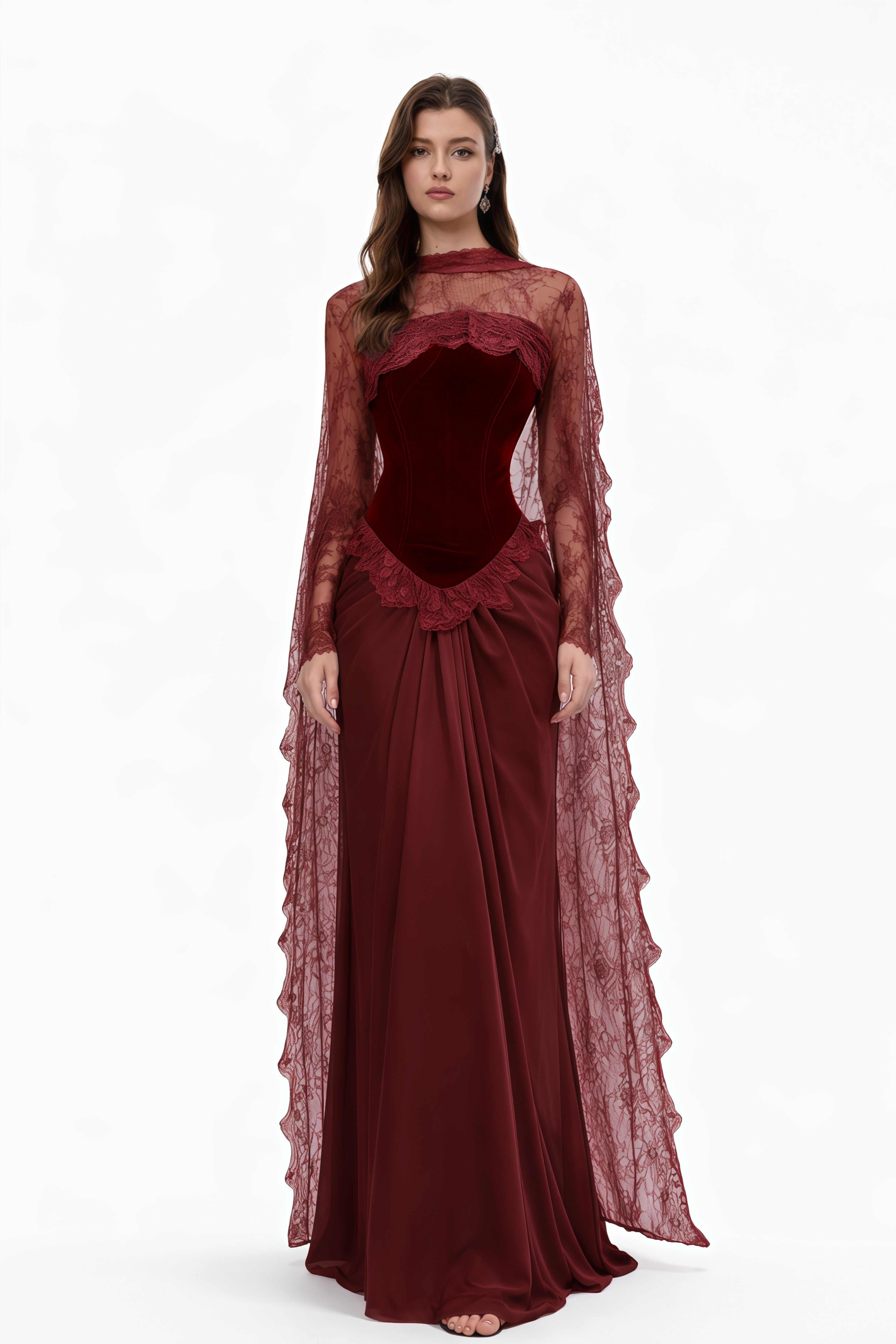 Seraphina Red Floral Lace Maxi Dress with Cape