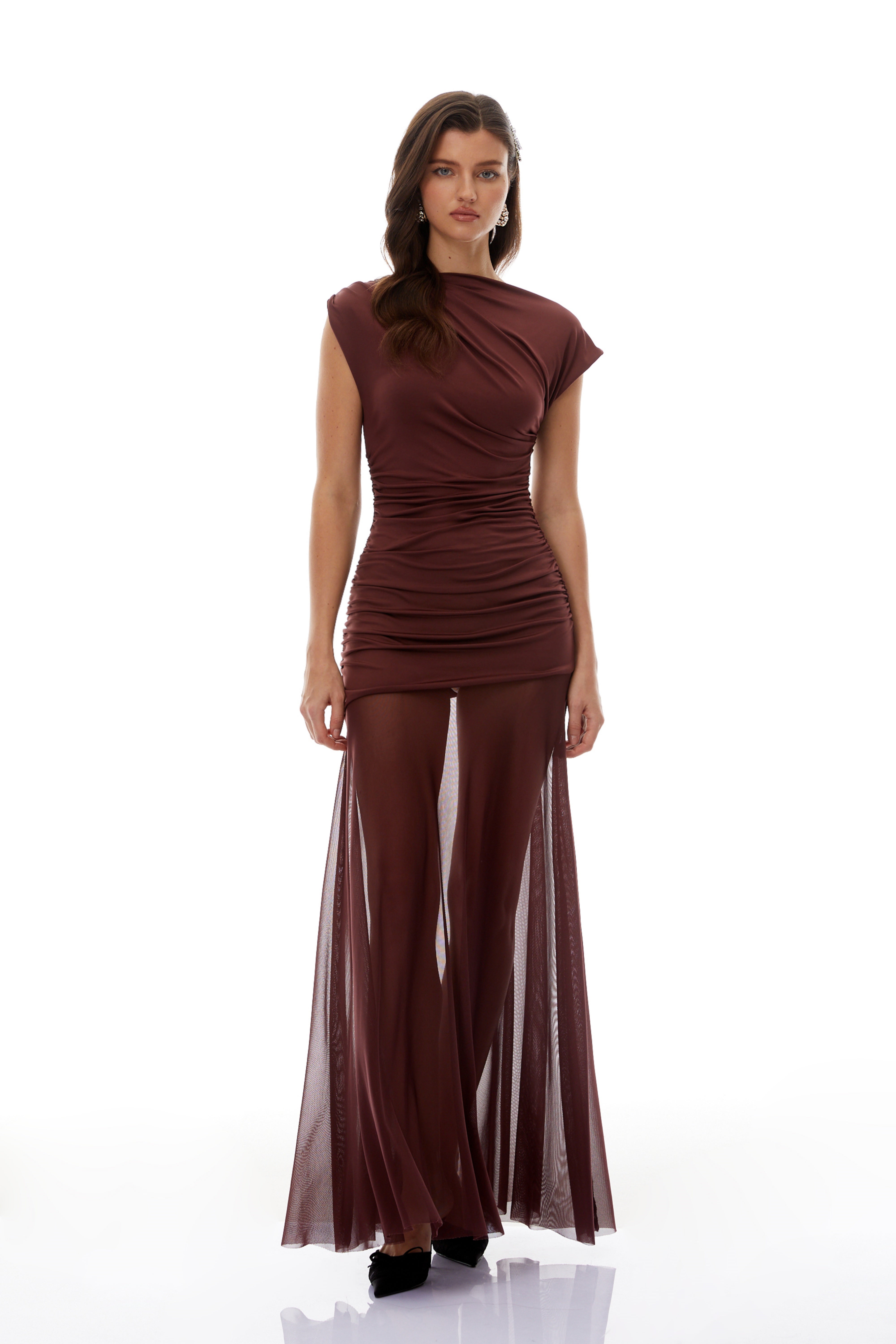 Seren Brown Ruched Tulle Panel Maxi Dress (Final Sale-US Only)