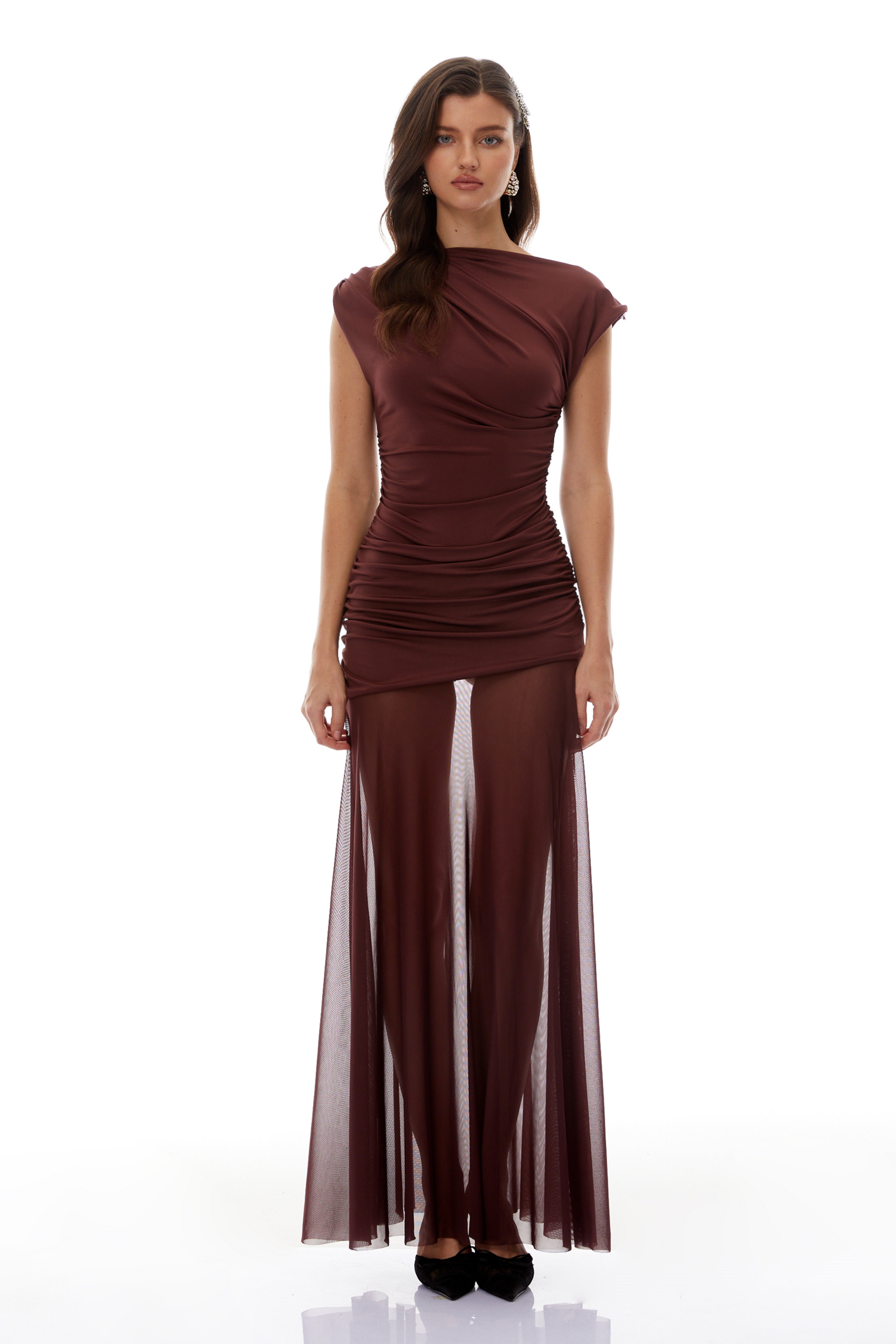 Seren Brown Ruched Tulle Panel Maxi Dress (Final Sale-US Only)