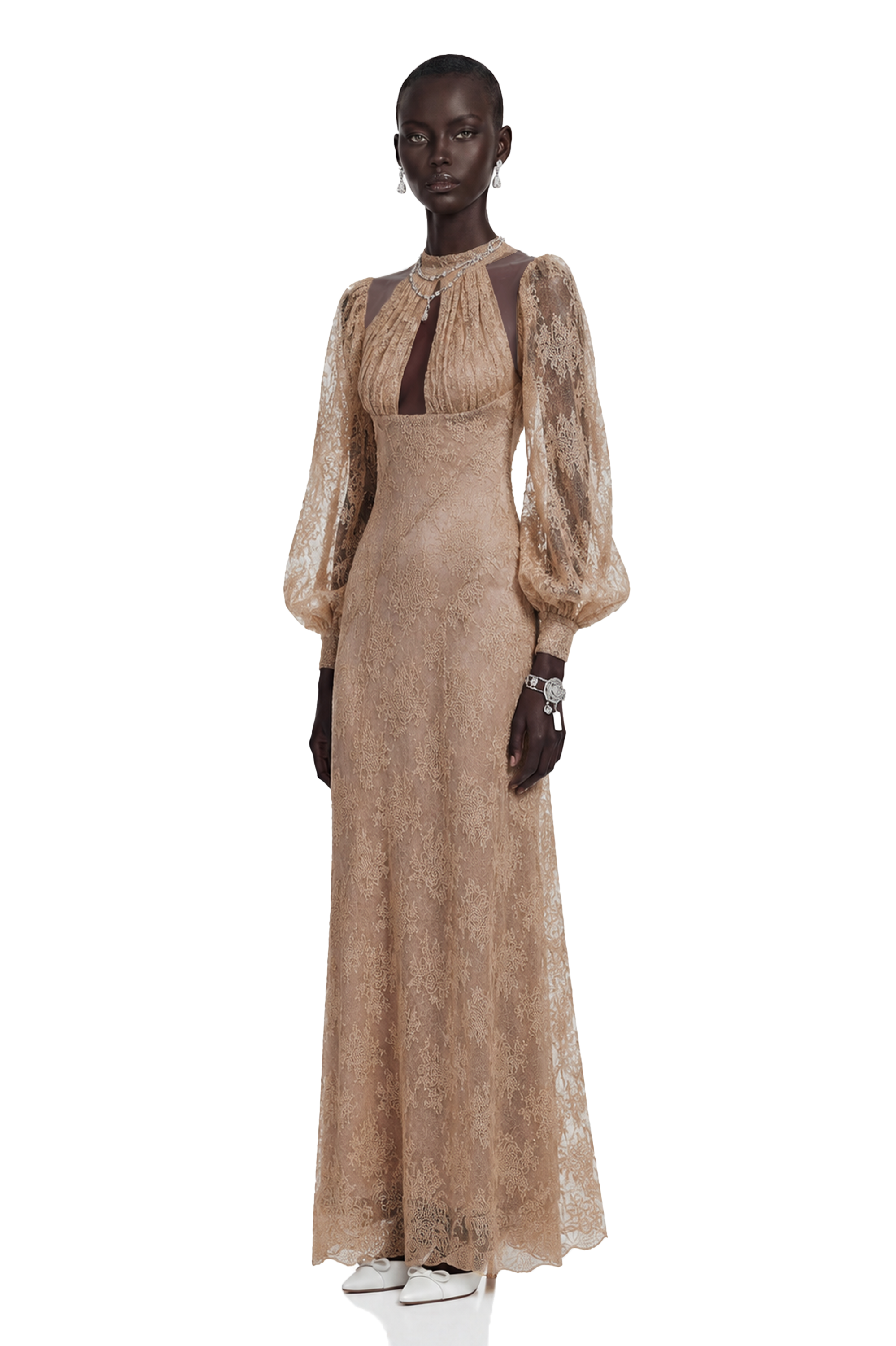 Serena Neutral Floral Lace Long Sleeves Maxi Dress
