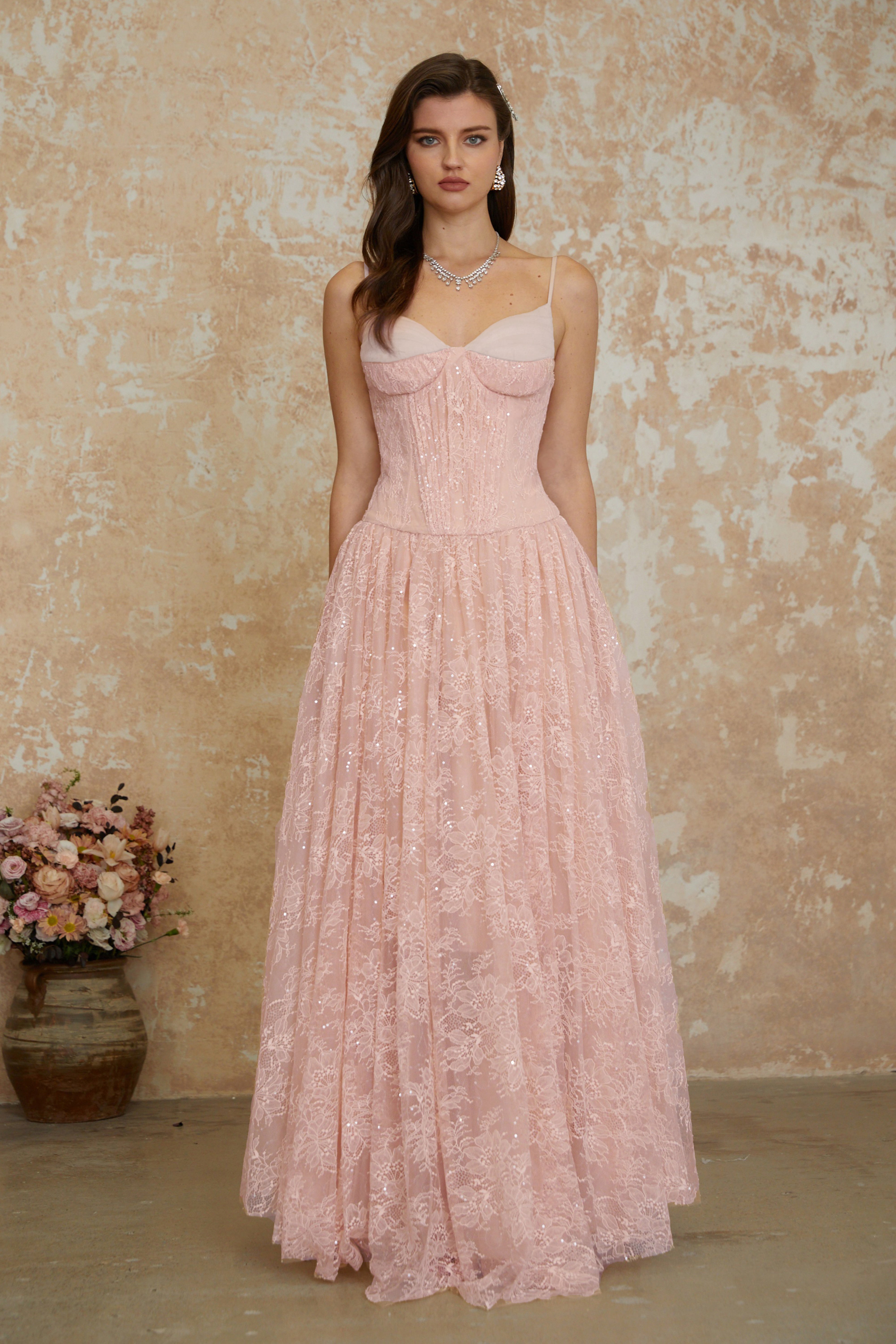 Severine Pink Floral Lace Tulle Maxi Dress