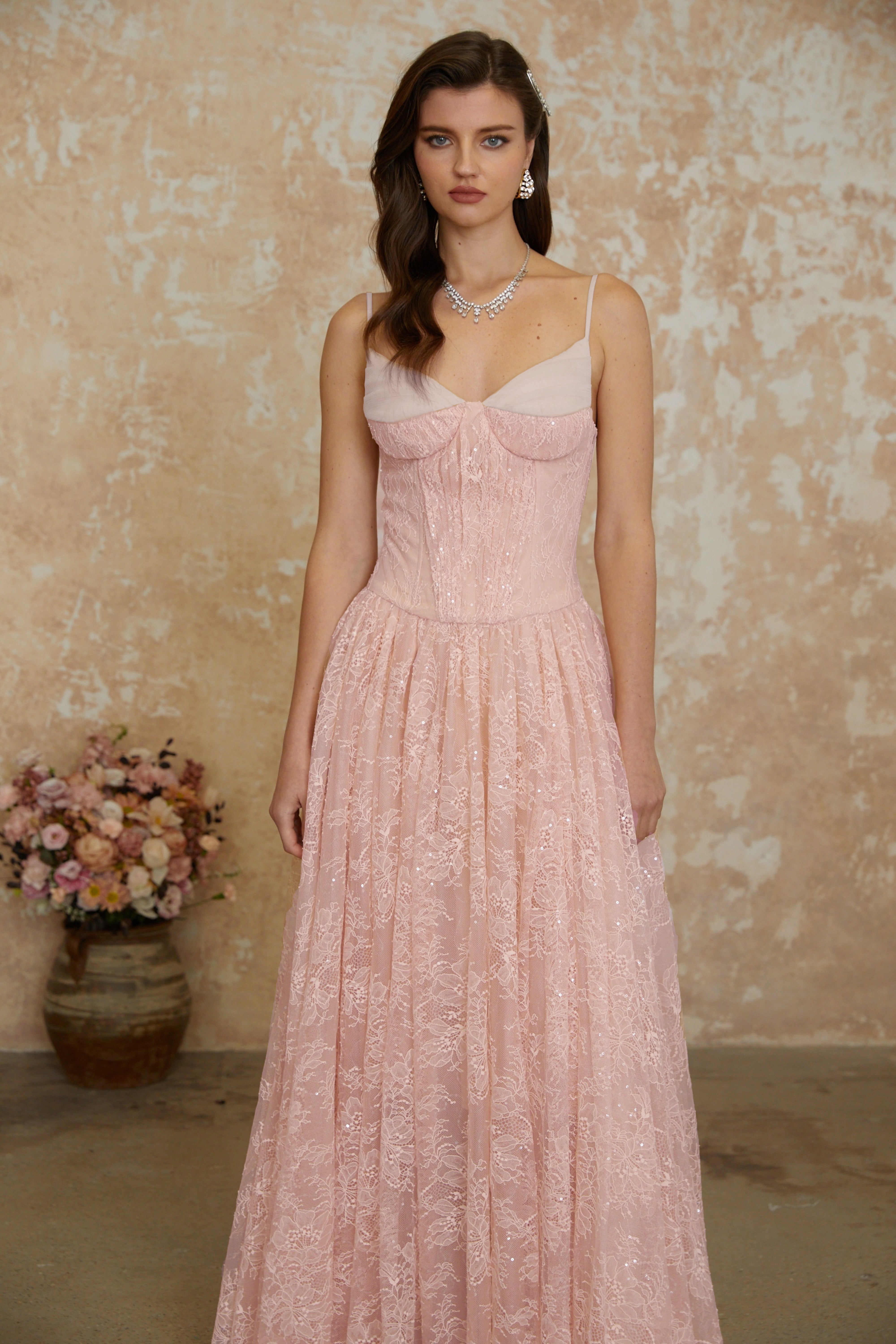 Severine Pink Floral Lace Tulle Maxi Dress
