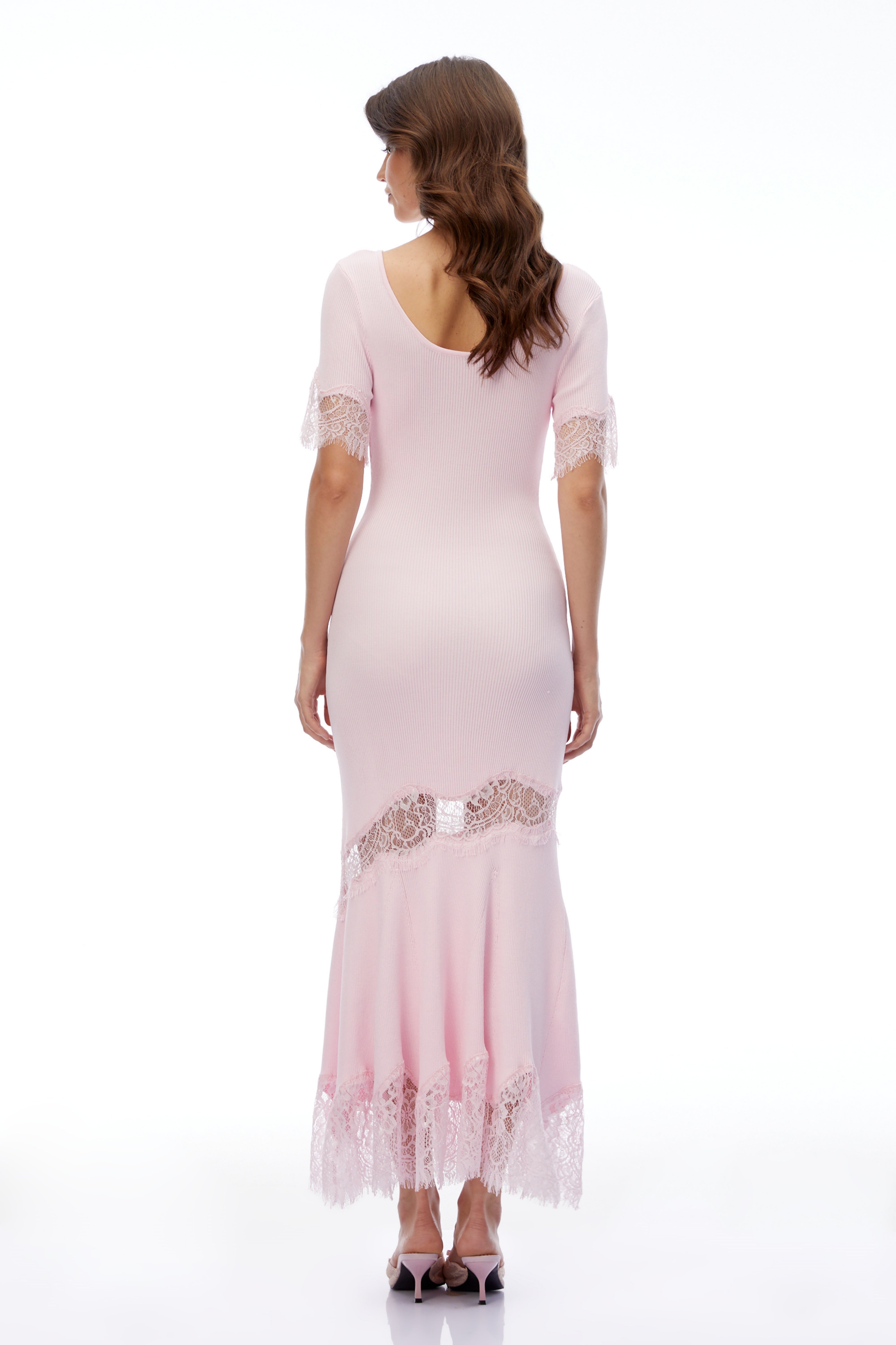 Sharon Pink Round Neck Maxi Dress with Lace Trim