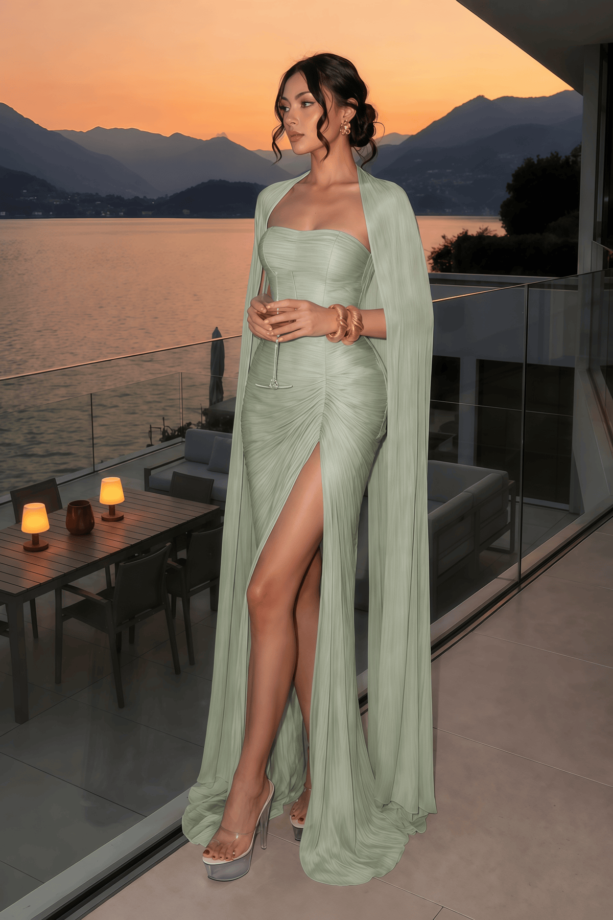 shifra green asymmetrical cape maxi dress