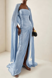 Shifra Blue Asymmetrical Cape Maxi Dress