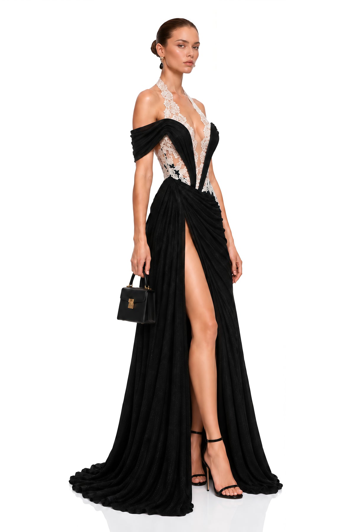shiloh black lace plunging off-shoulder maxi dress
