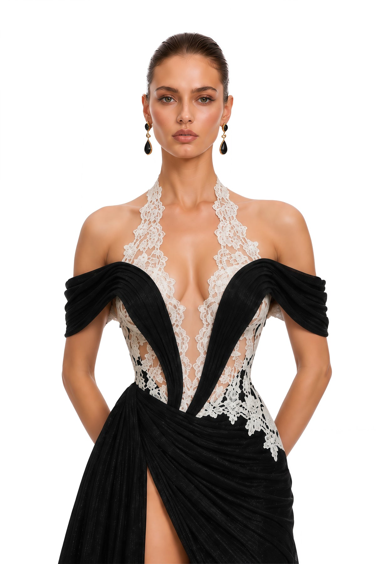 shiloh black lace plunging off-shoulder maxi dress